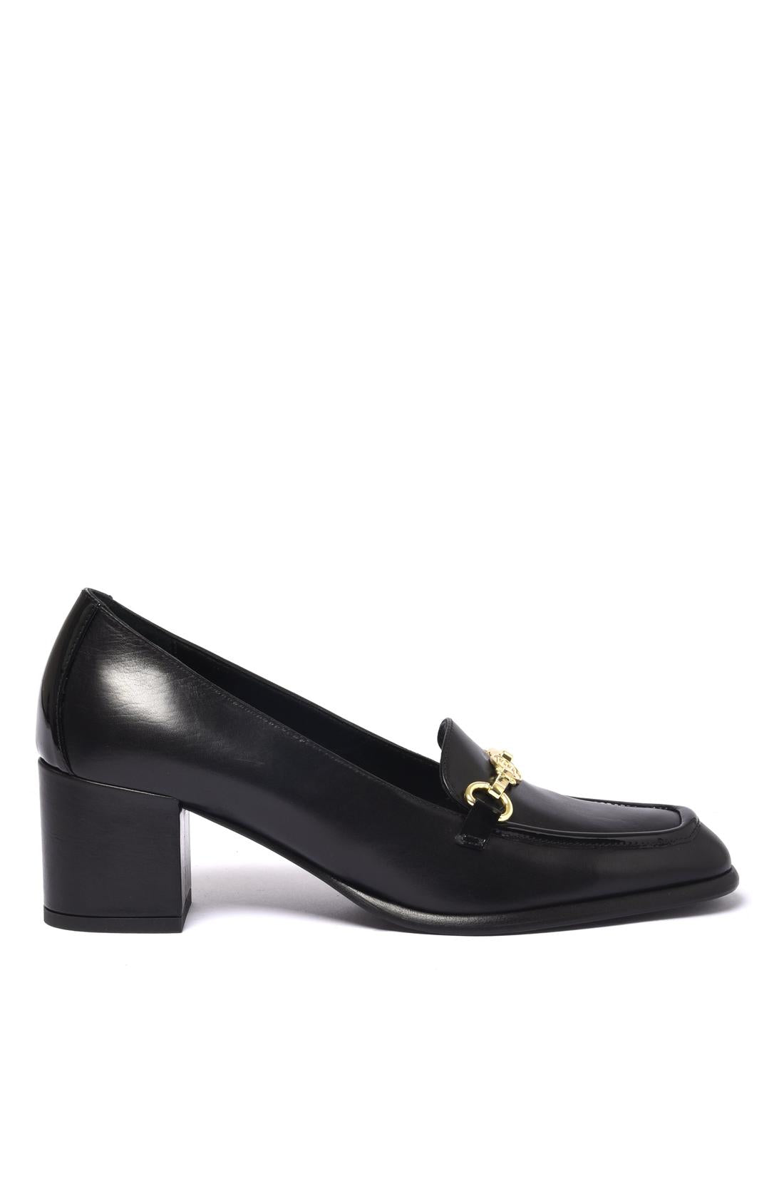 Black leather heeled loafers