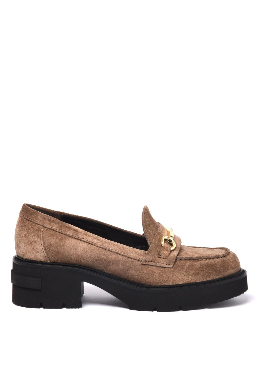 Taupe suede leather heeled loafer