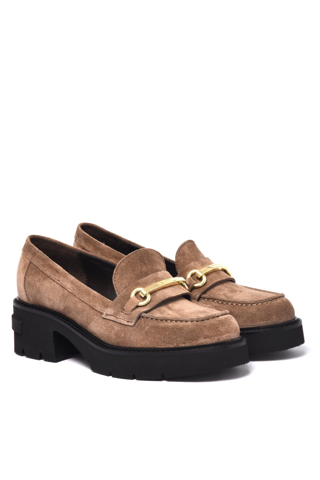 Taupe suede leather heeled loafer