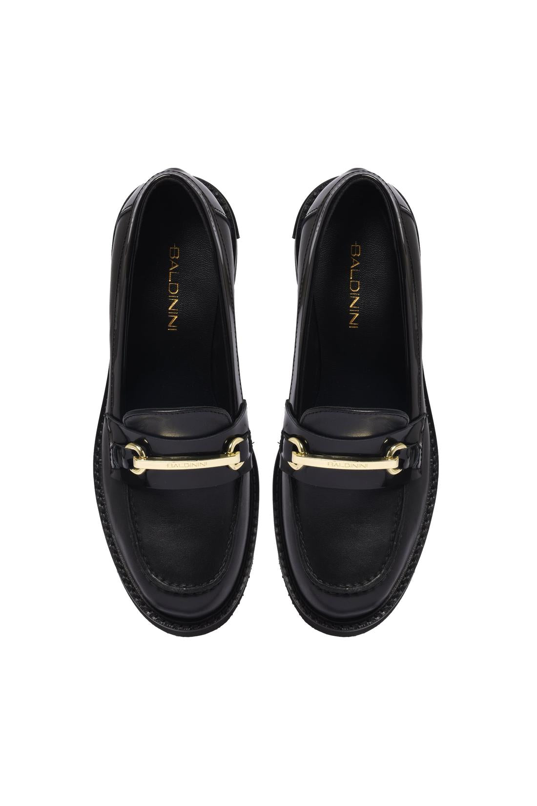 Black leather and patent leather heeled loafer
