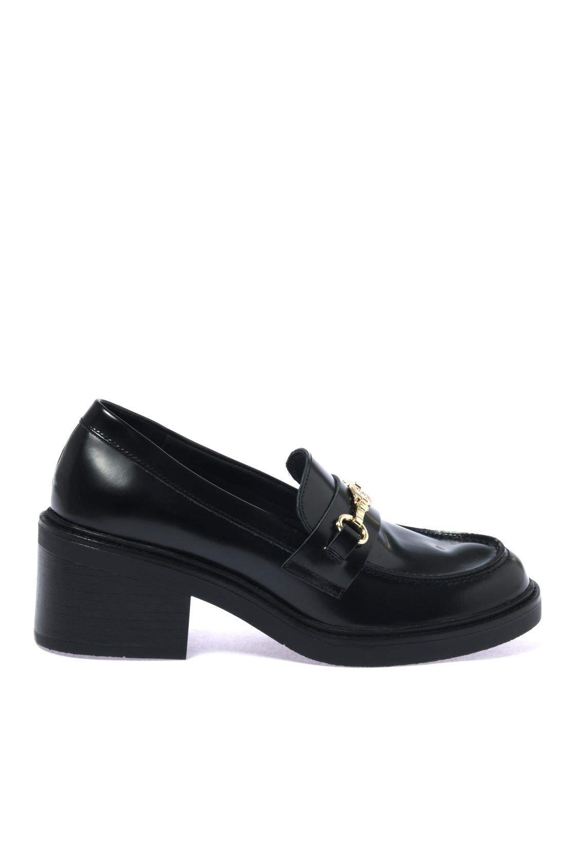 Black polished leather heeled loafer