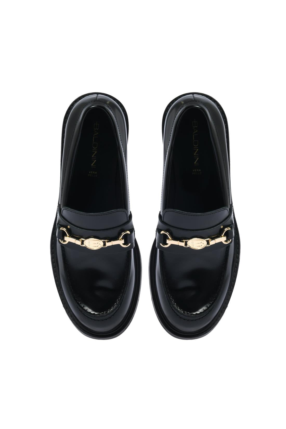 Black polished leather heeled loafer