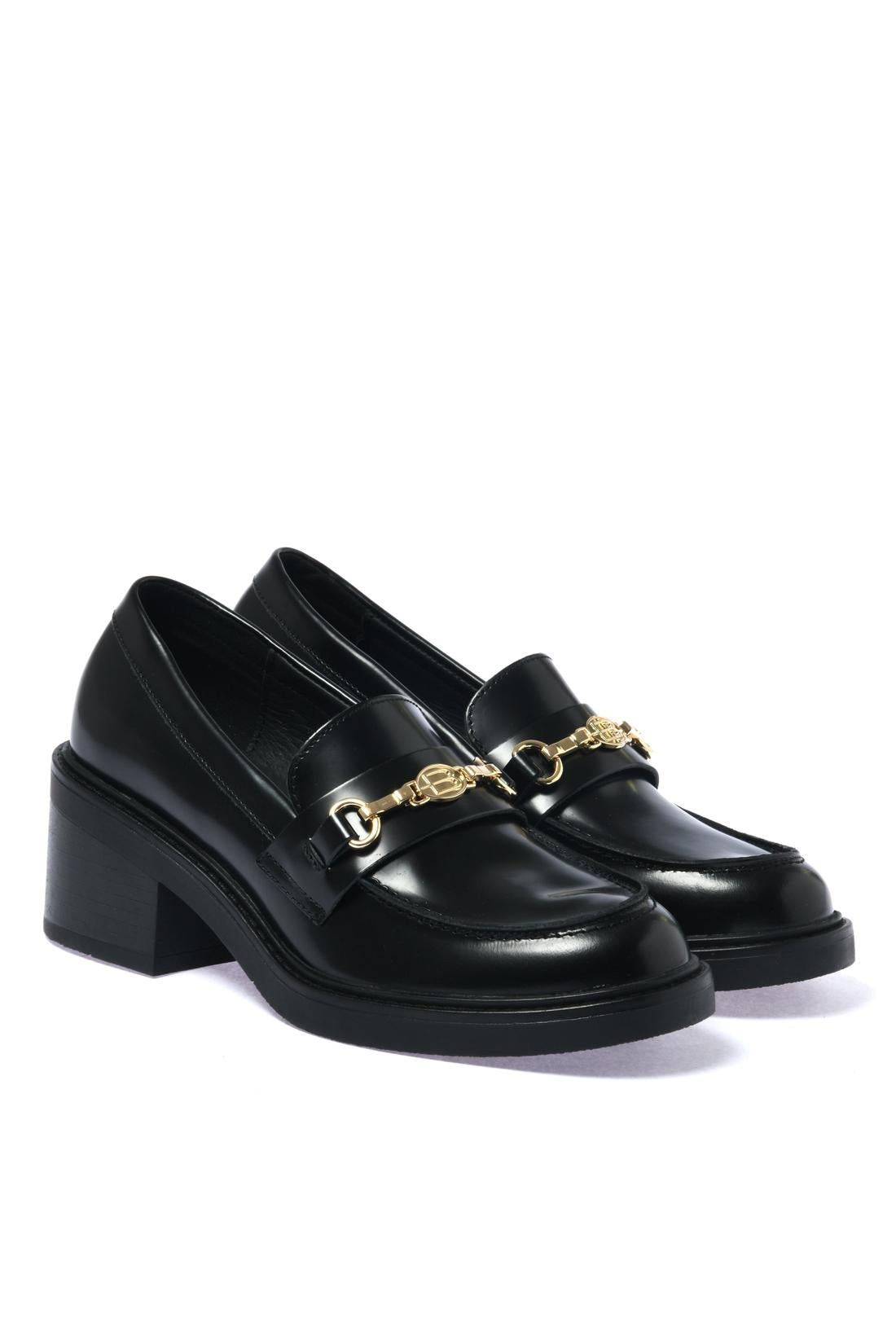 Black polished leather heeled loafer
