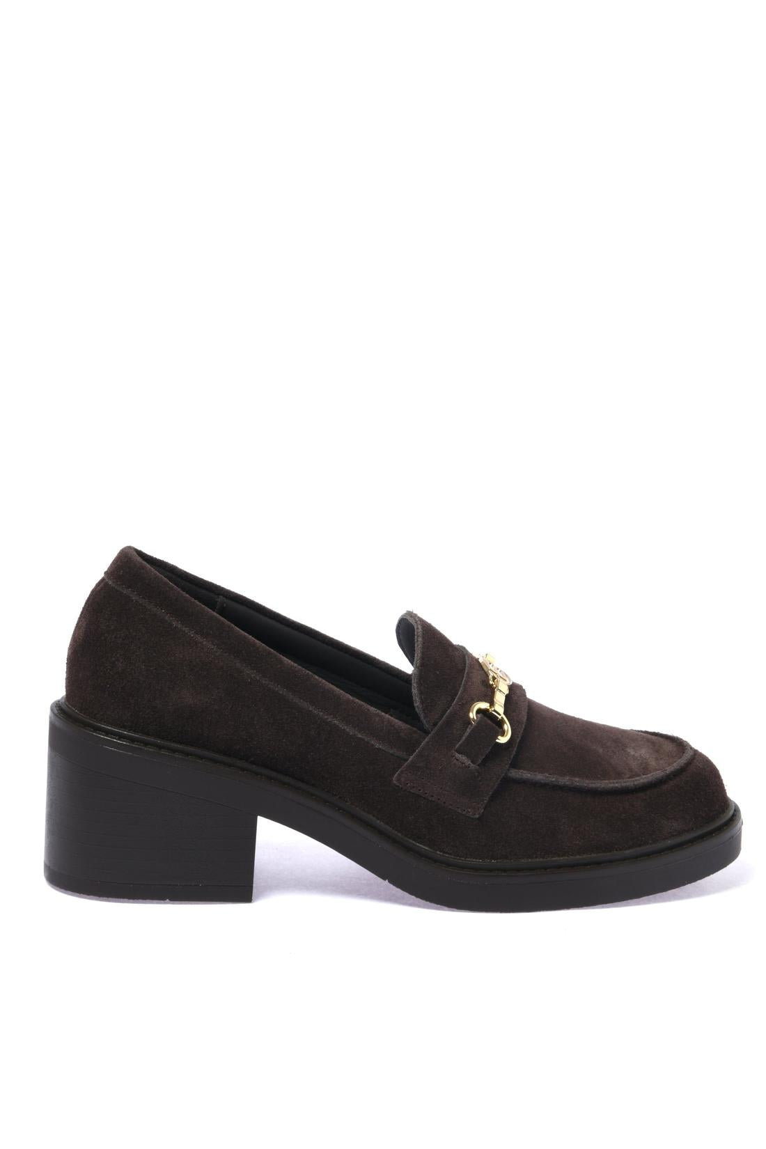 Dark brown suede leather heeled loafer