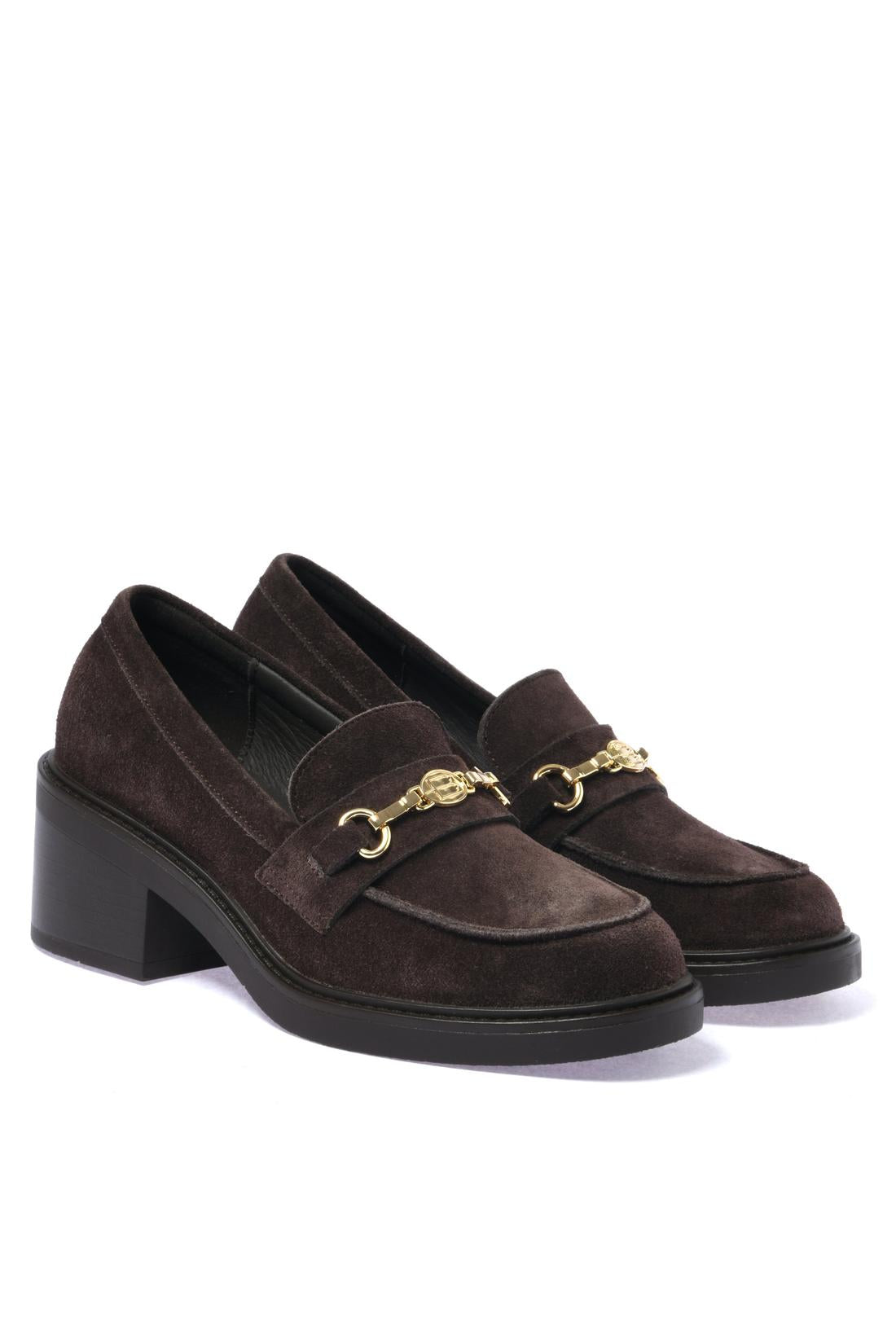 Dark brown suede leather heeled loafer