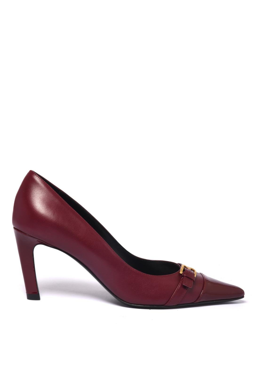 Burgundy patent leather and leather pump