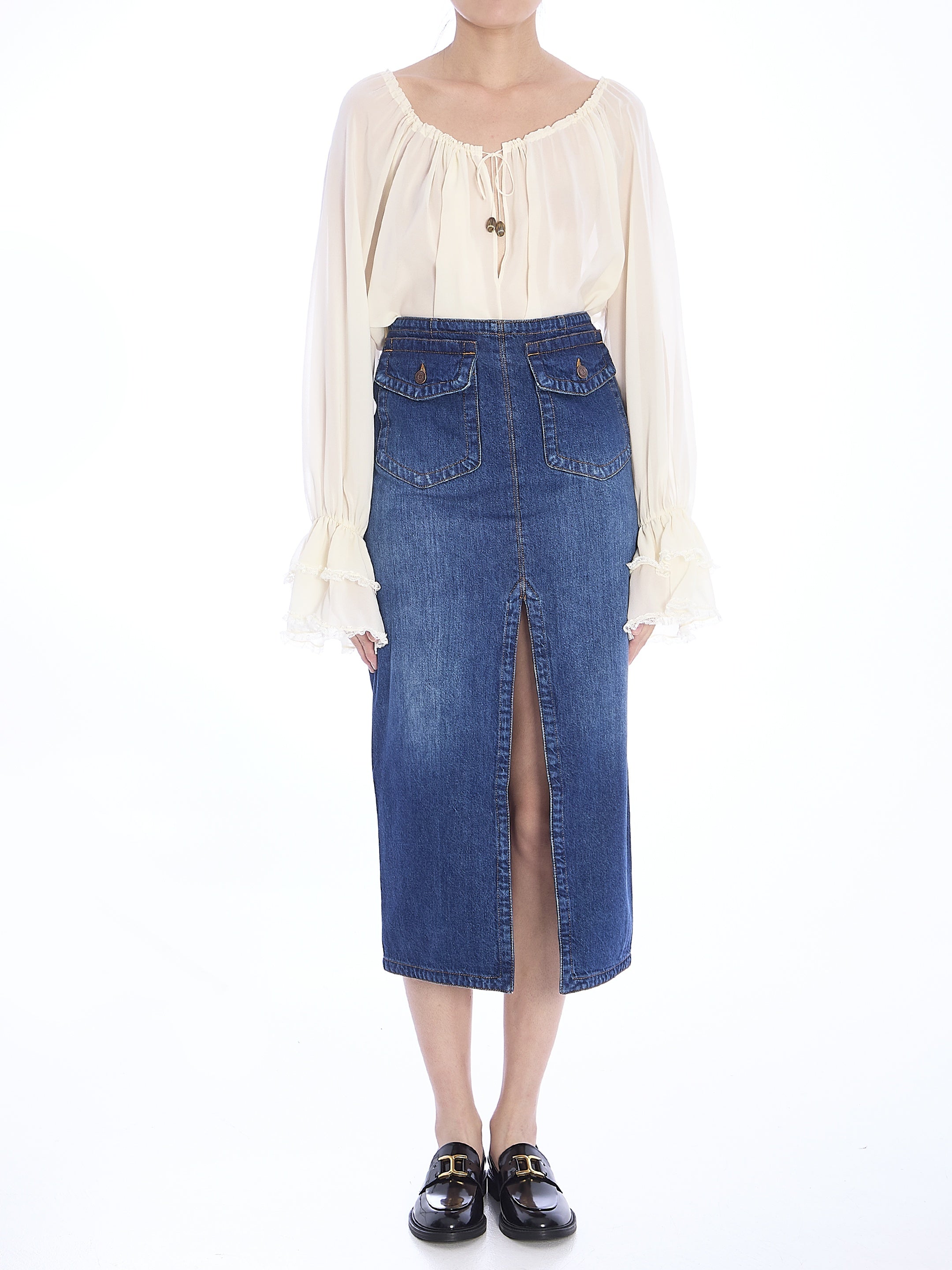 CHLOE-OUTLET-SALE-Denim midi skirt-ARCHIVIST