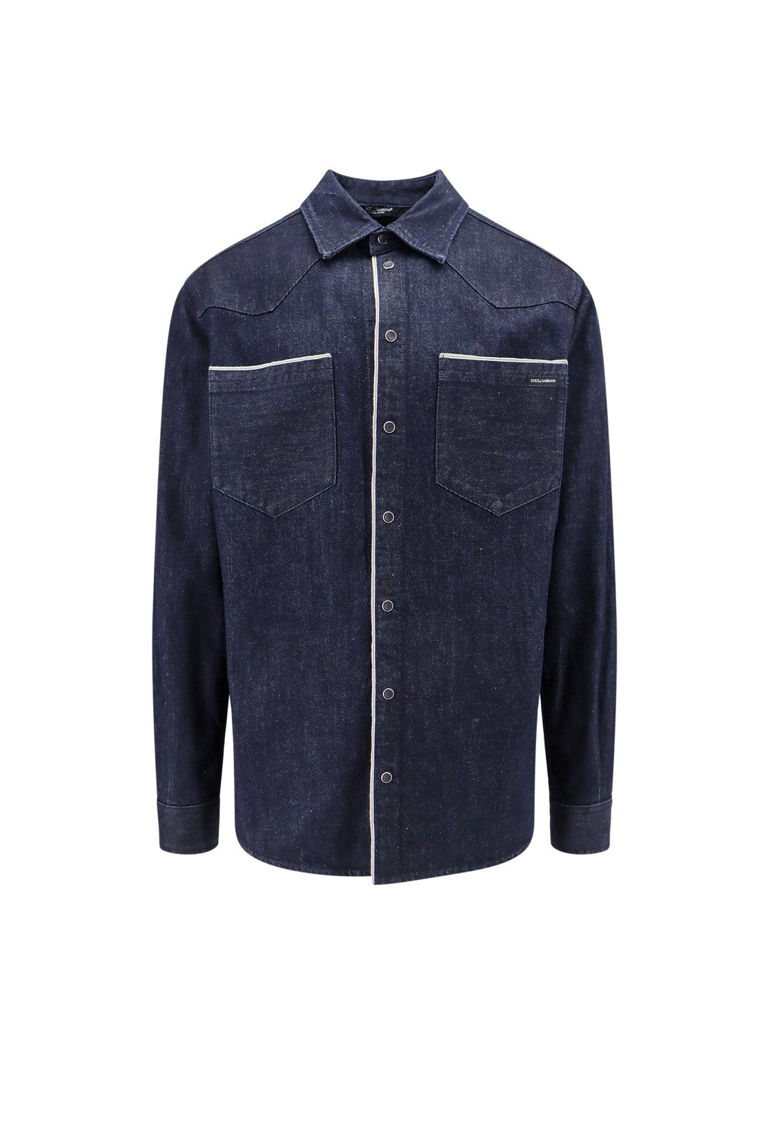 DOLCE & GABBANA-OUTLET-SALE-Denim shirt with logoed label-ARCHIVIST