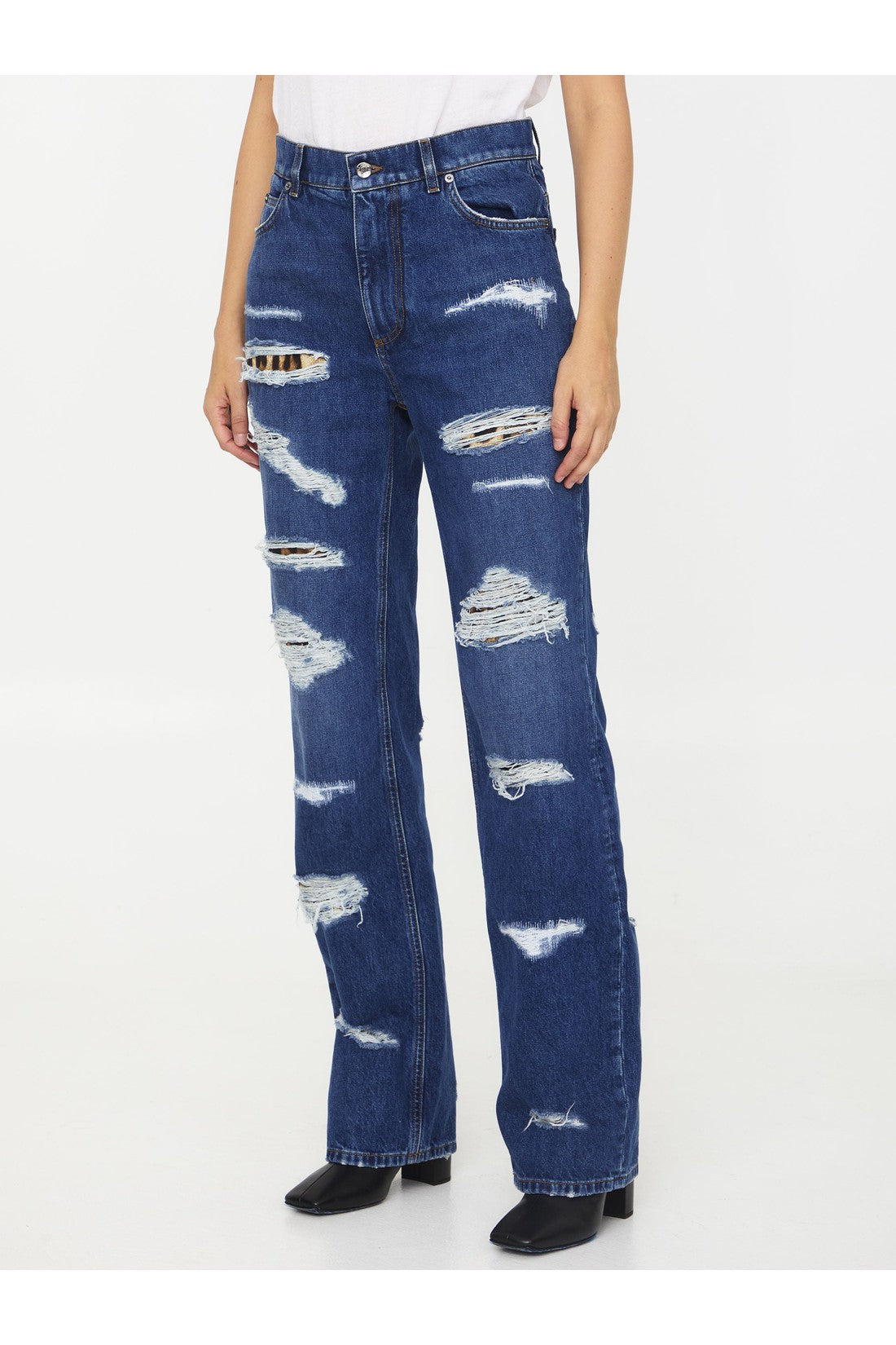 DOLCE&GABBANA-OUTLET-SALE-Distressed jeans with Leo print-ARCHIVIST