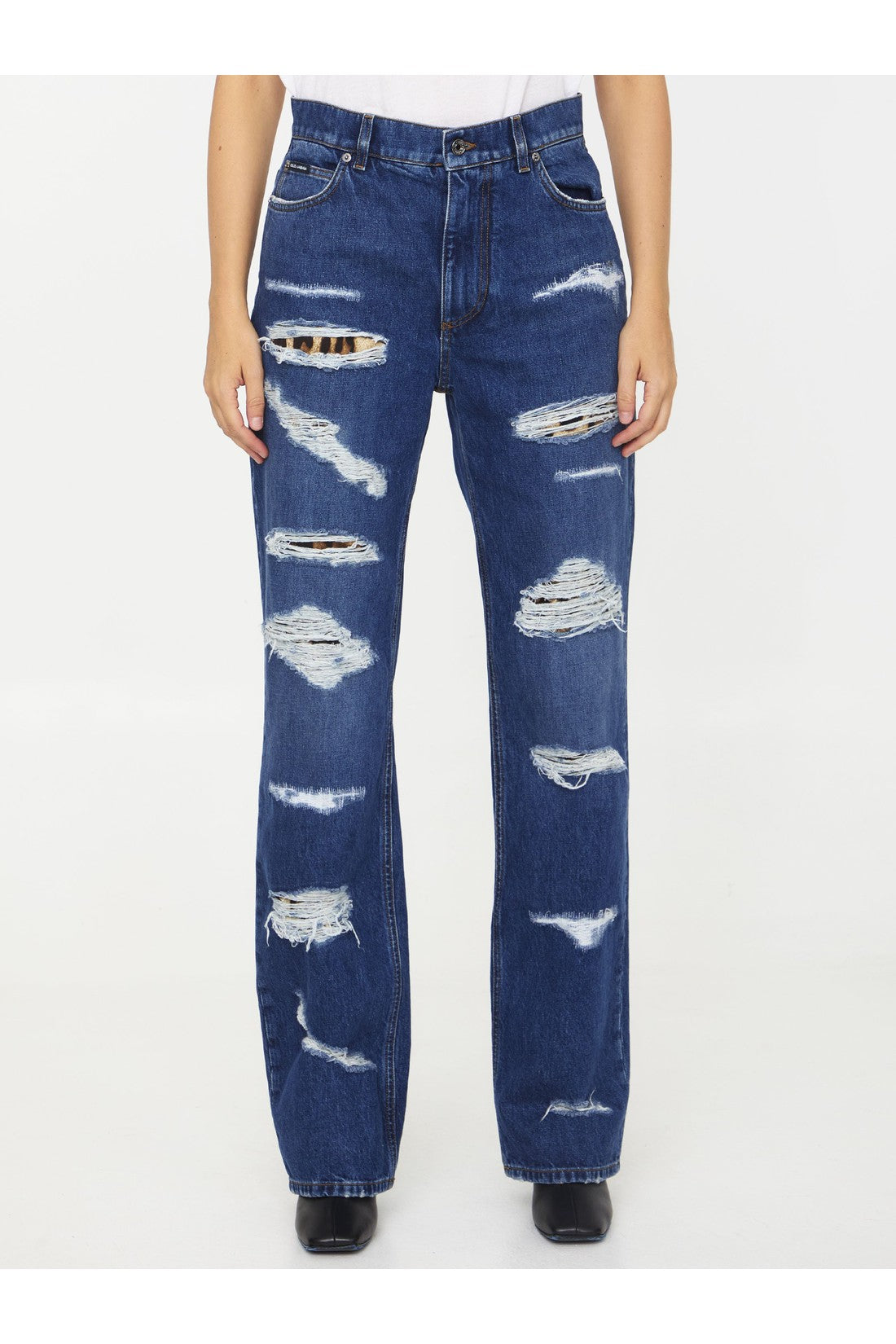 DOLCE&GABBANA-OUTLET-SALE-Distressed jeans with Leo print-ARCHIVIST