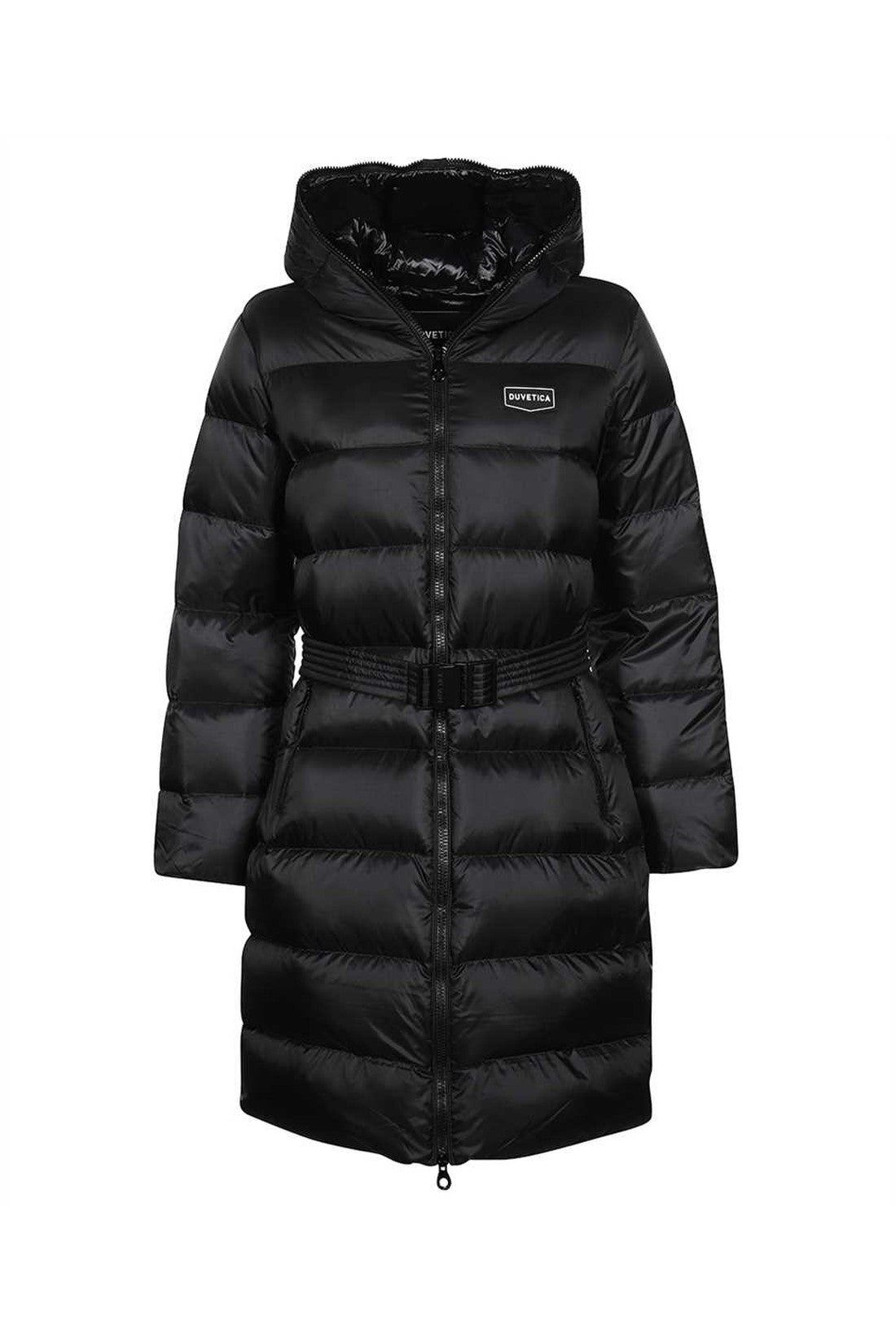 Belted hooded long down jacket
