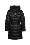 Belted hooded long down jacket