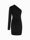 back packshot of a one sleeve black draped dress