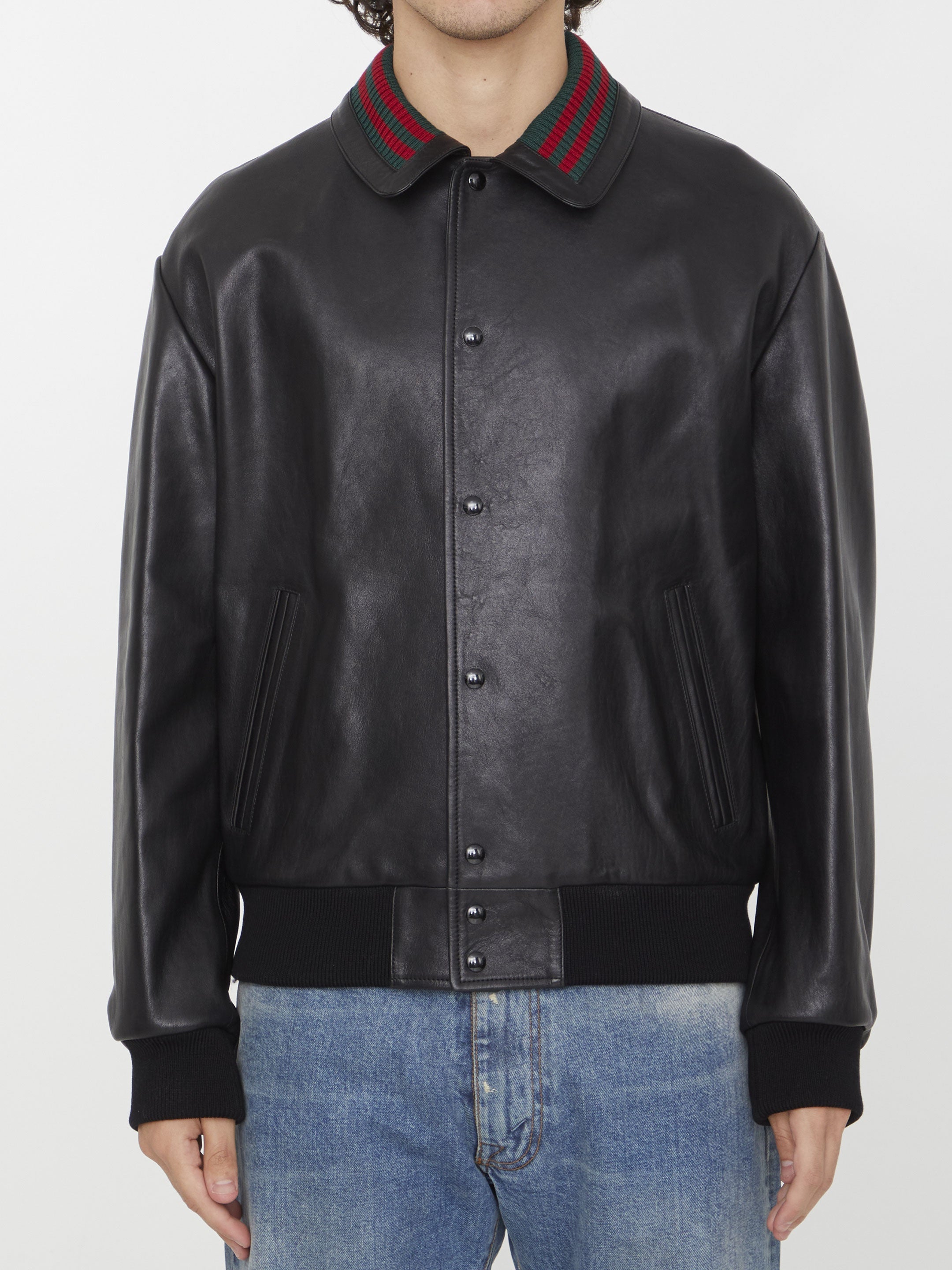 Black leather bomber jacket
