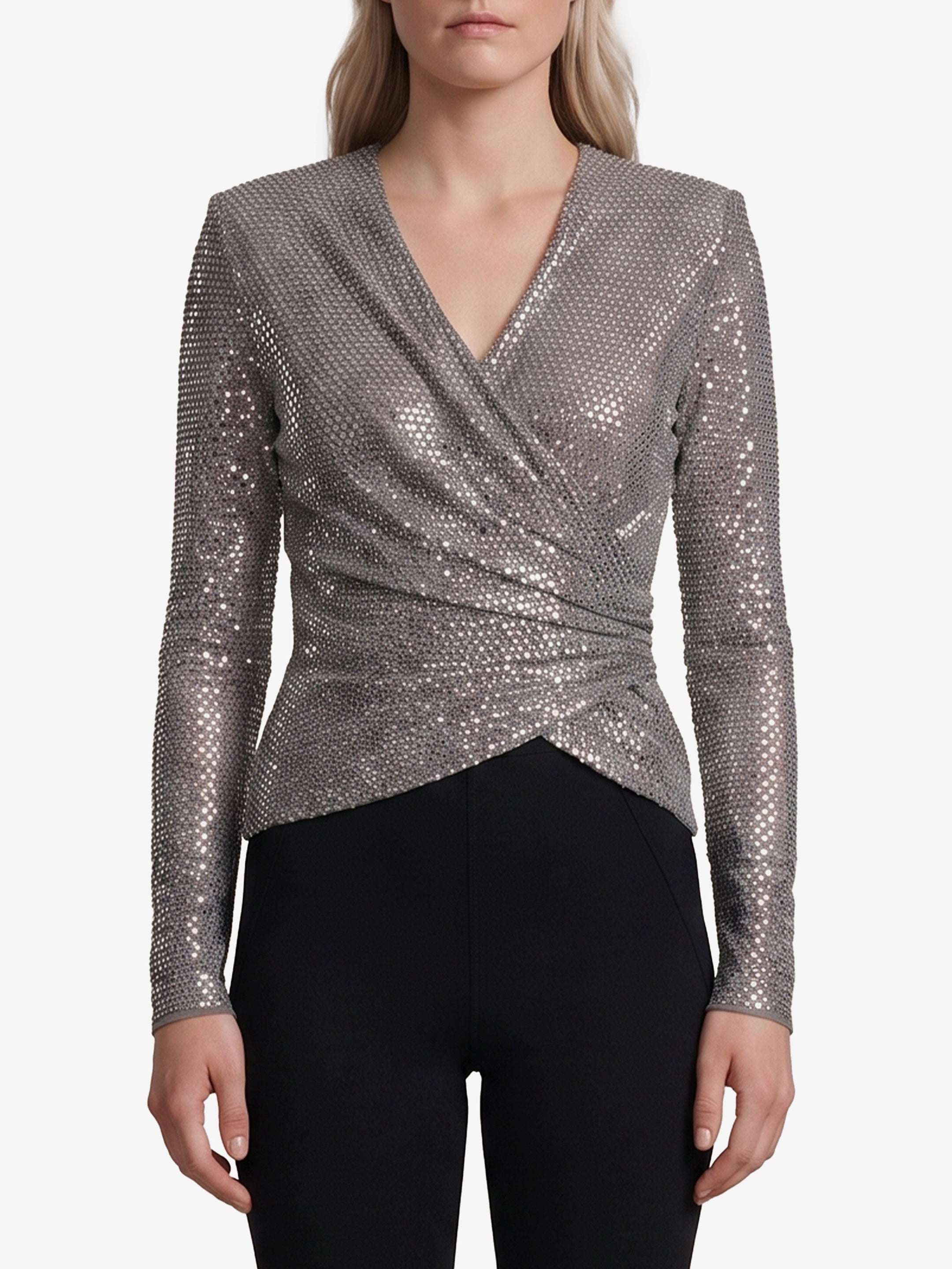 Self Portrait-OUTLET-SALE-Grey rhinestone mesh wrap top-ARCHIVIST