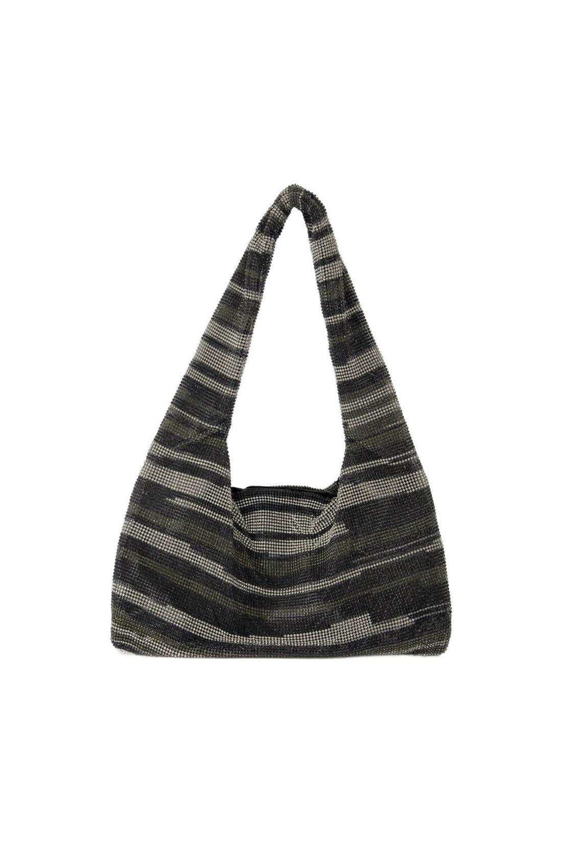 Crystal Mesh Armpit Hobo Bag - Kara - Black Stripes - Rhinestones