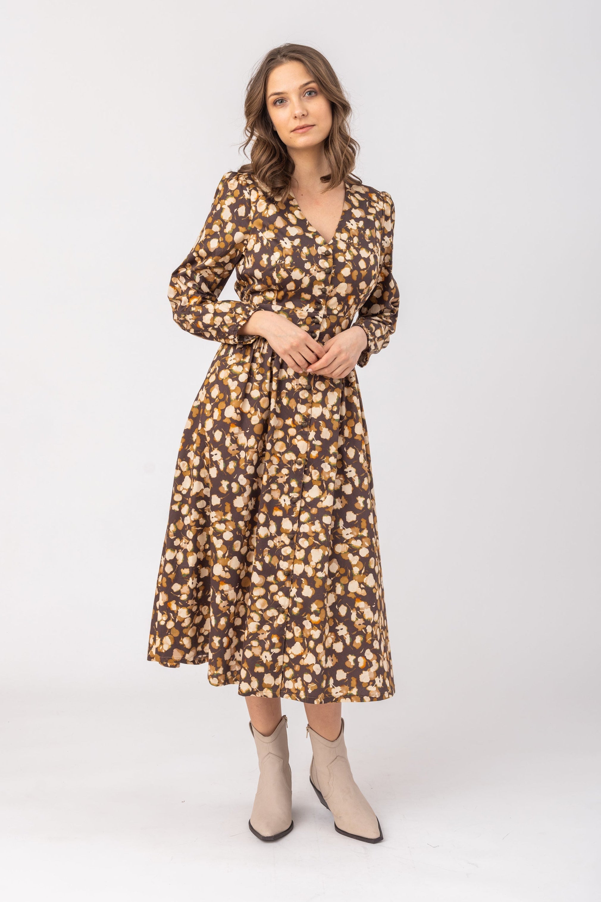 Damen Kleid Karlinda mit Print-Kleider & Röcke-Felicitas-OUTLET-XS-kaffee/rentier-ARCHIVIST-ARCHIVE-SALE