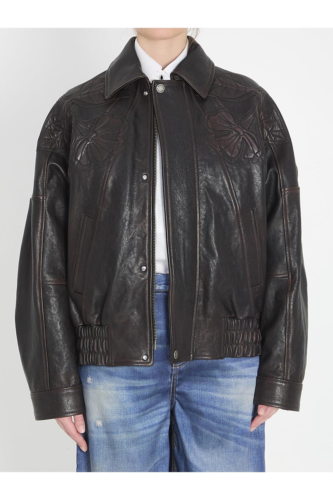 Golden Goose-OUTLET-SALE-Leather bomber jacket with floral embroidery-ARCHIVIST