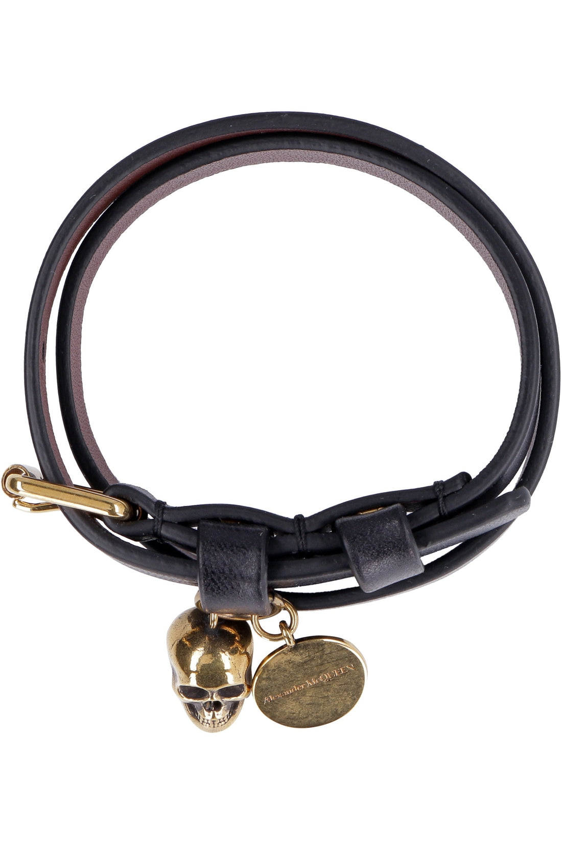 Alexander McQueen-OUTLET-SALE-Leather double-wrap bracelet with Skull charm-ARCHIVIST