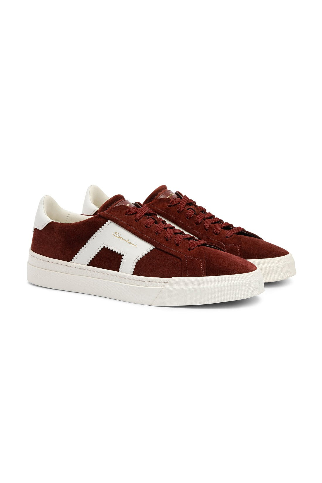 Men’s burgundy and white suede and leather double buckle sneaker