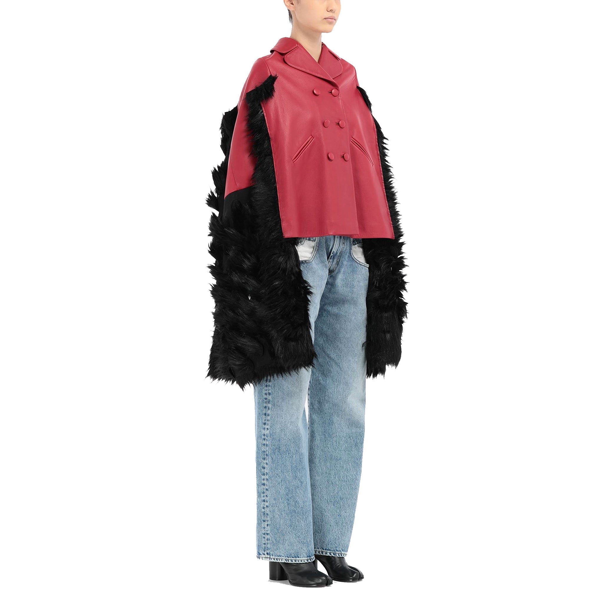 Maison Margiela-OUTLET-SALE-Maison Margiela Faux Fur Trimmed Leather Cape Jacket-ARCHIVIST