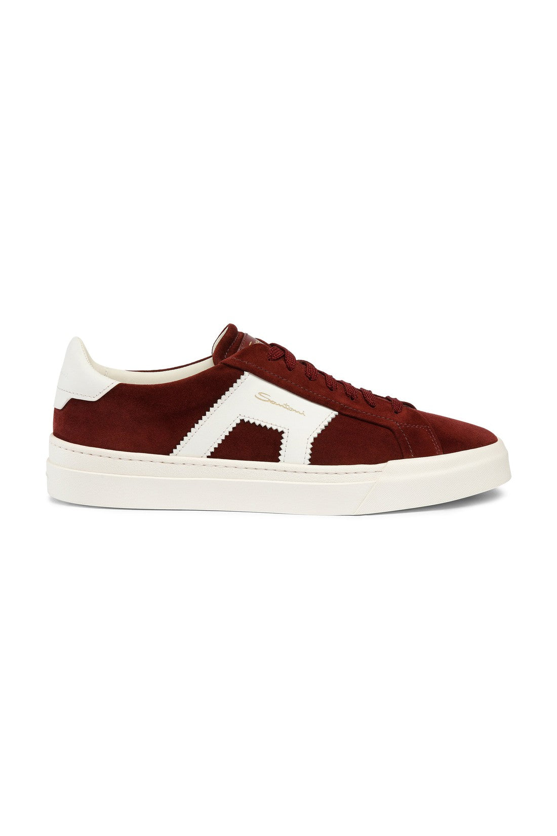 Men’s burgundy and white suede and leather double buckle sneaker