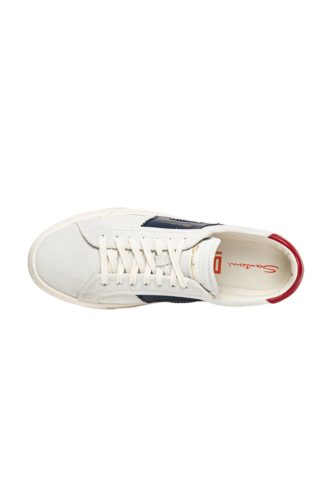 Men’s white, blue and red suede and leather double buckle sneaker