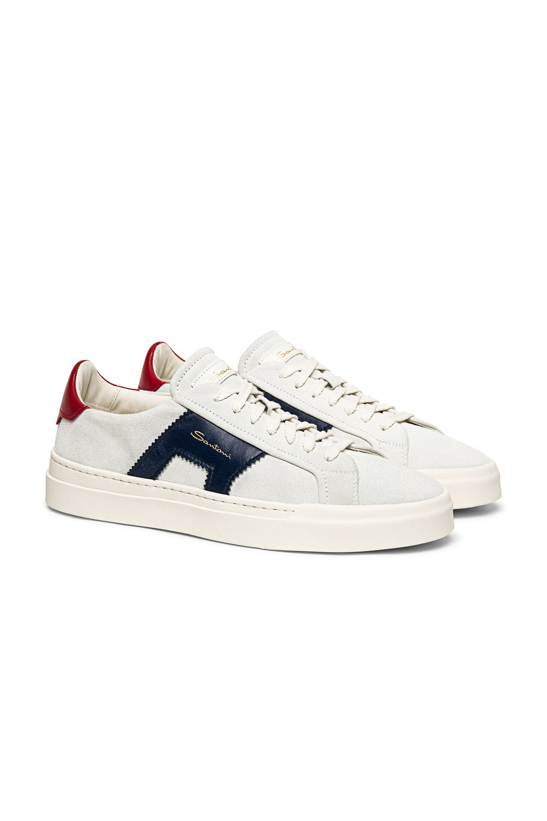 Men’s white, blue and red suede and leather double buckle sneaker