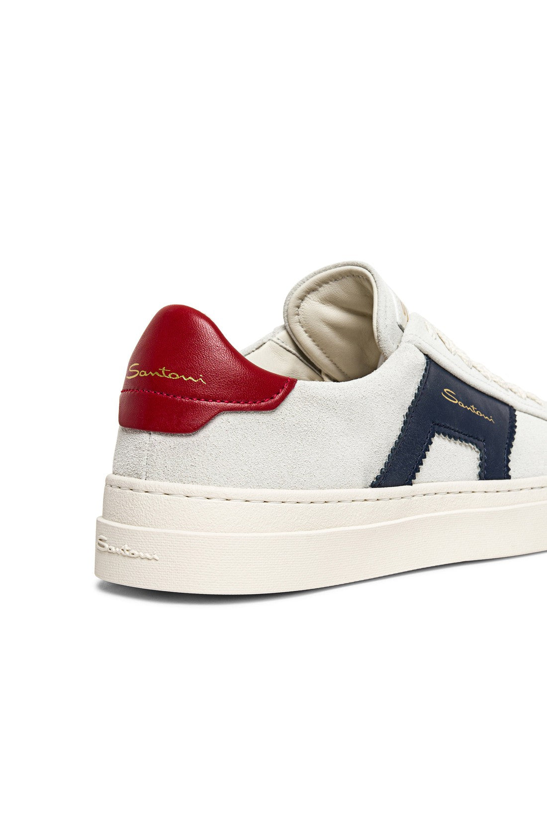 Men’s white, blue and red suede and leather double buckle sneaker