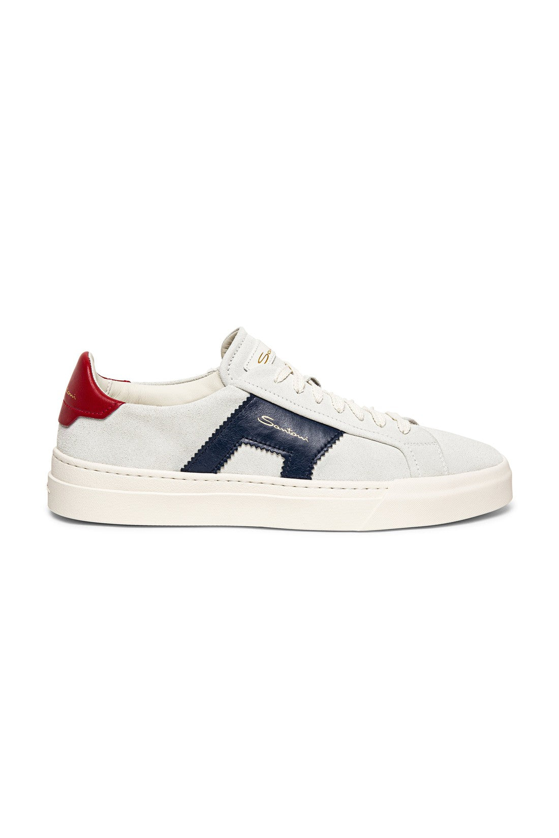 Men’s white, blue and red suede and leather double buckle sneaker