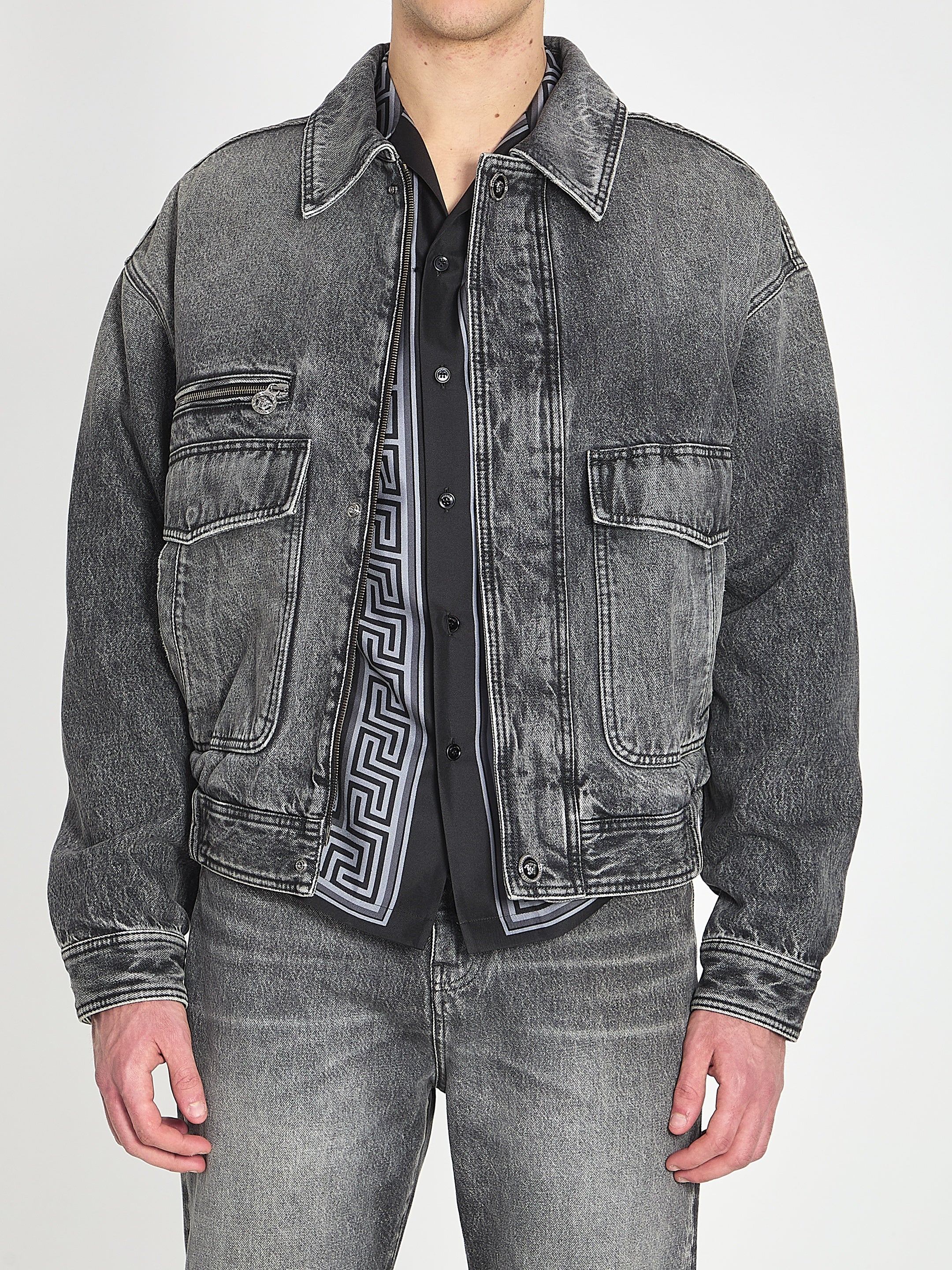 Stone-wash denim bomber jacket