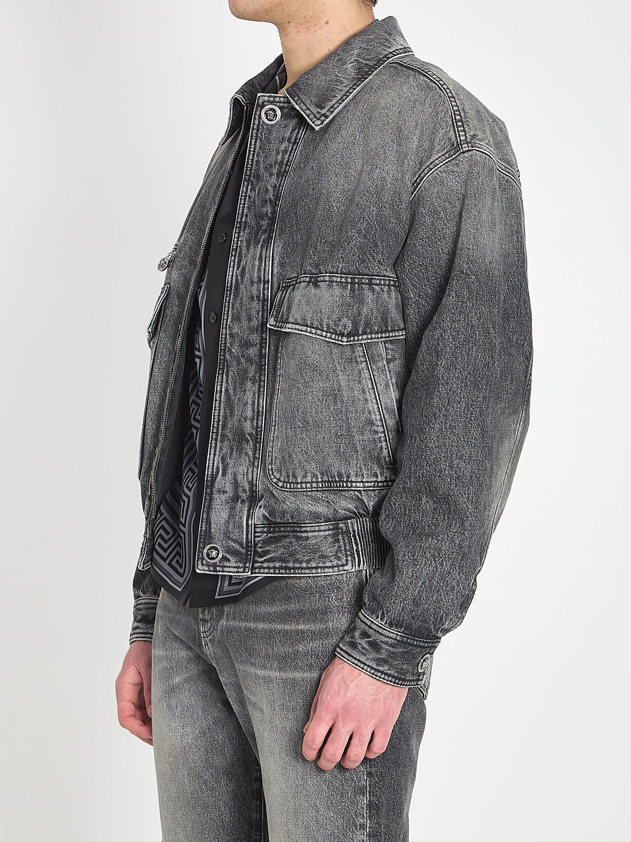 Stone-wash denim bomber jacket