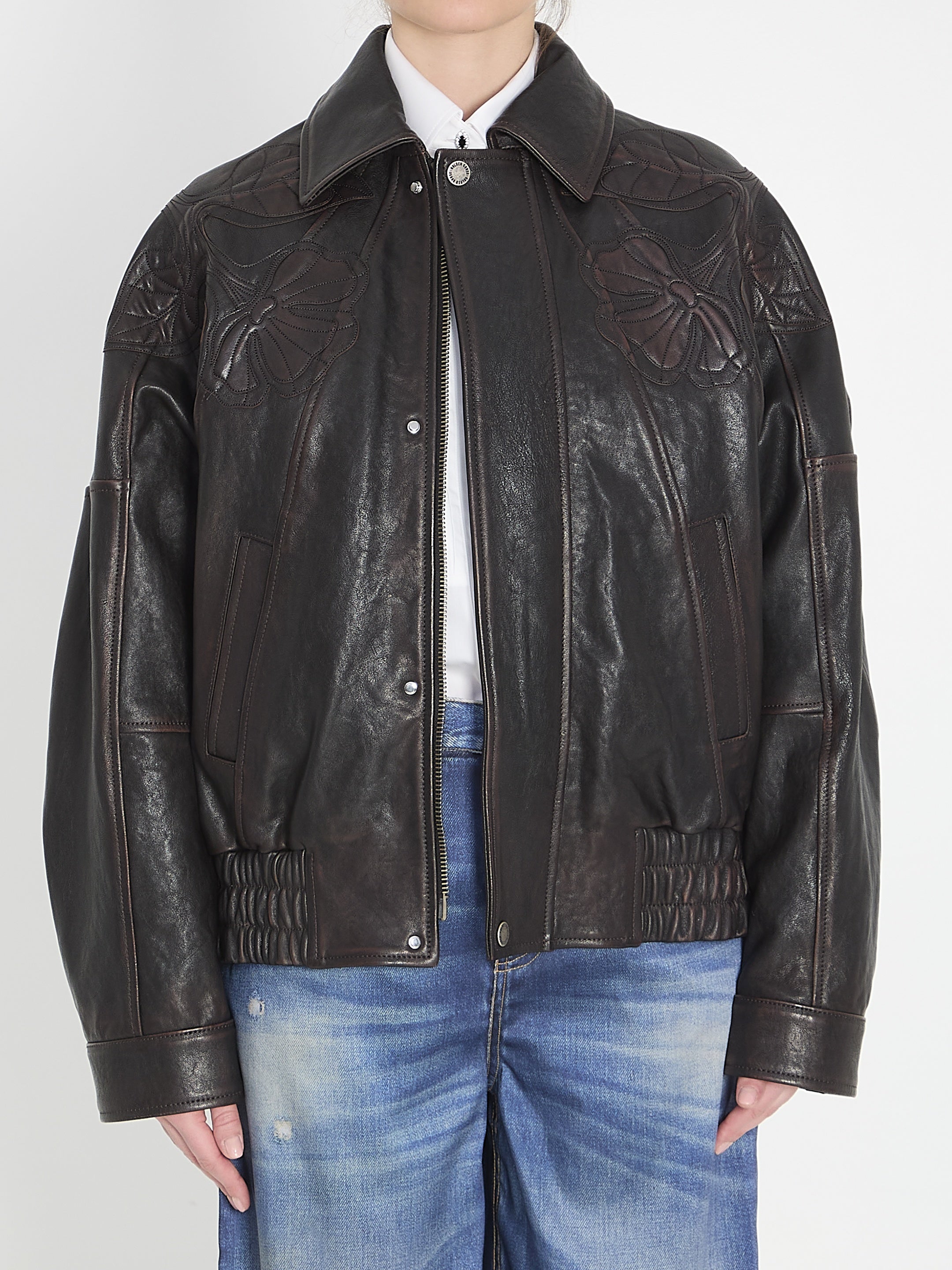 Leather bomber jacket with floral embroidery
