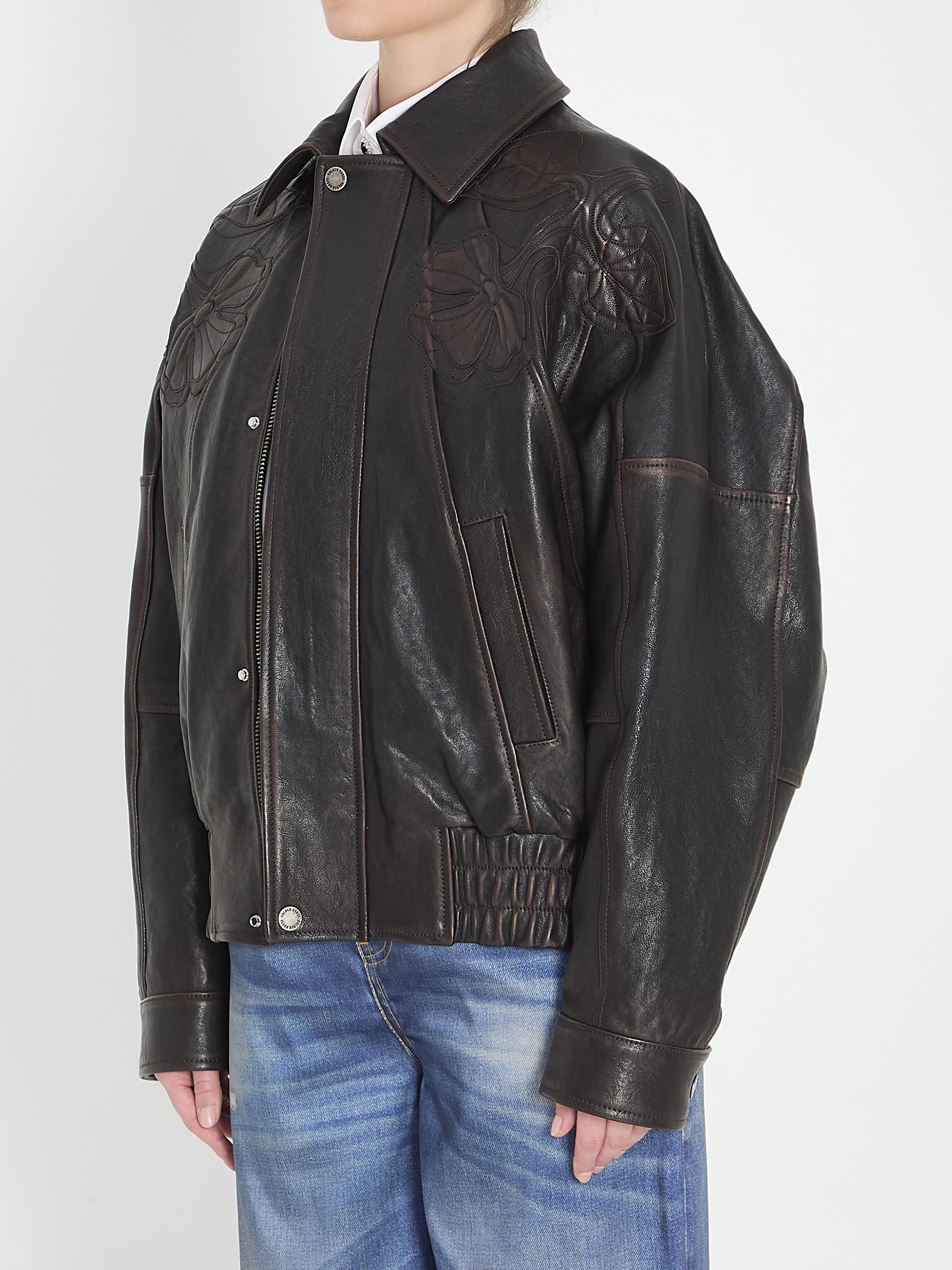 Leather bomber jacket with floral embroidery