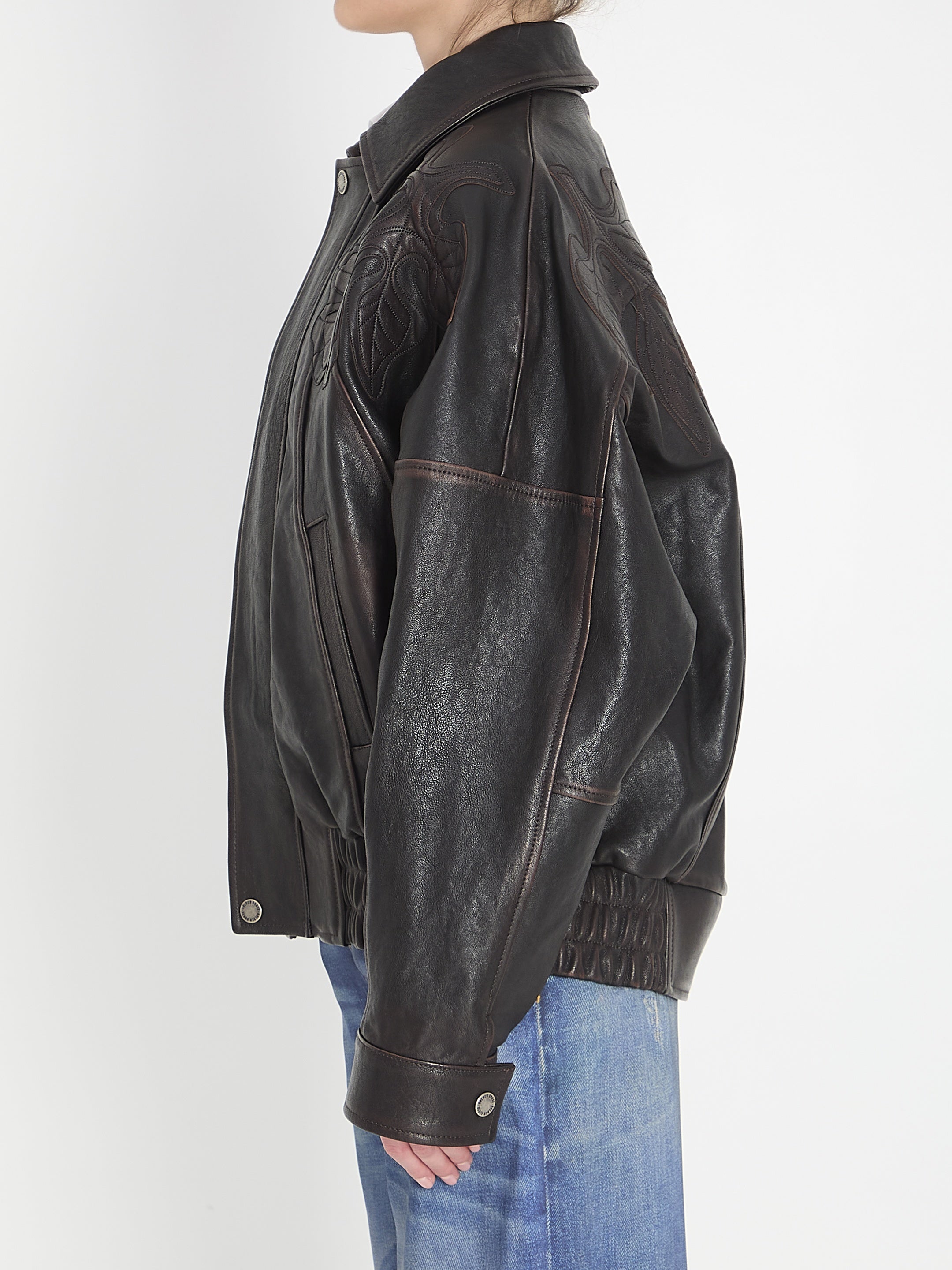 Leather bomber jacket with floral embroidery