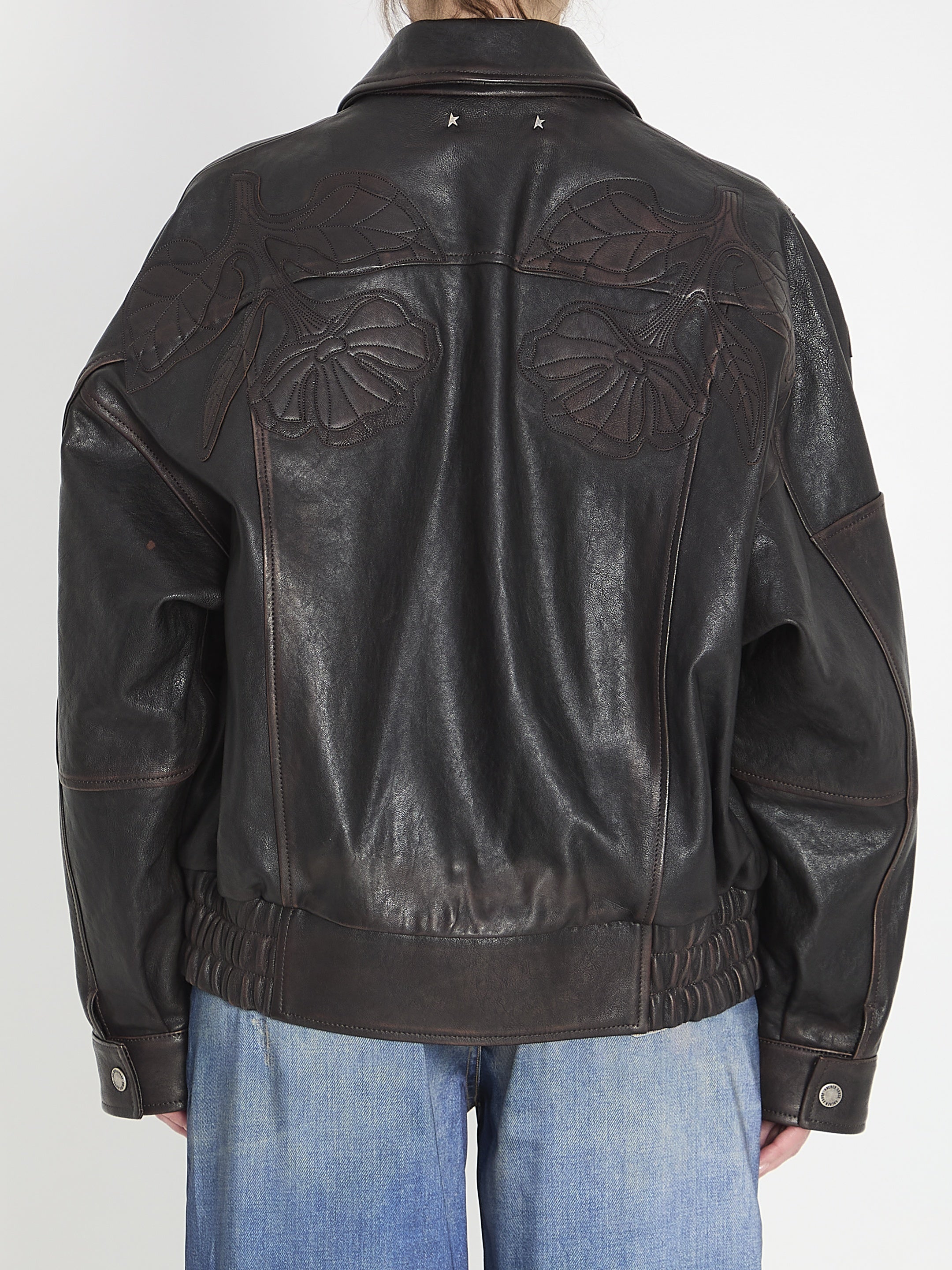 Leather bomber jacket with floral embroidery