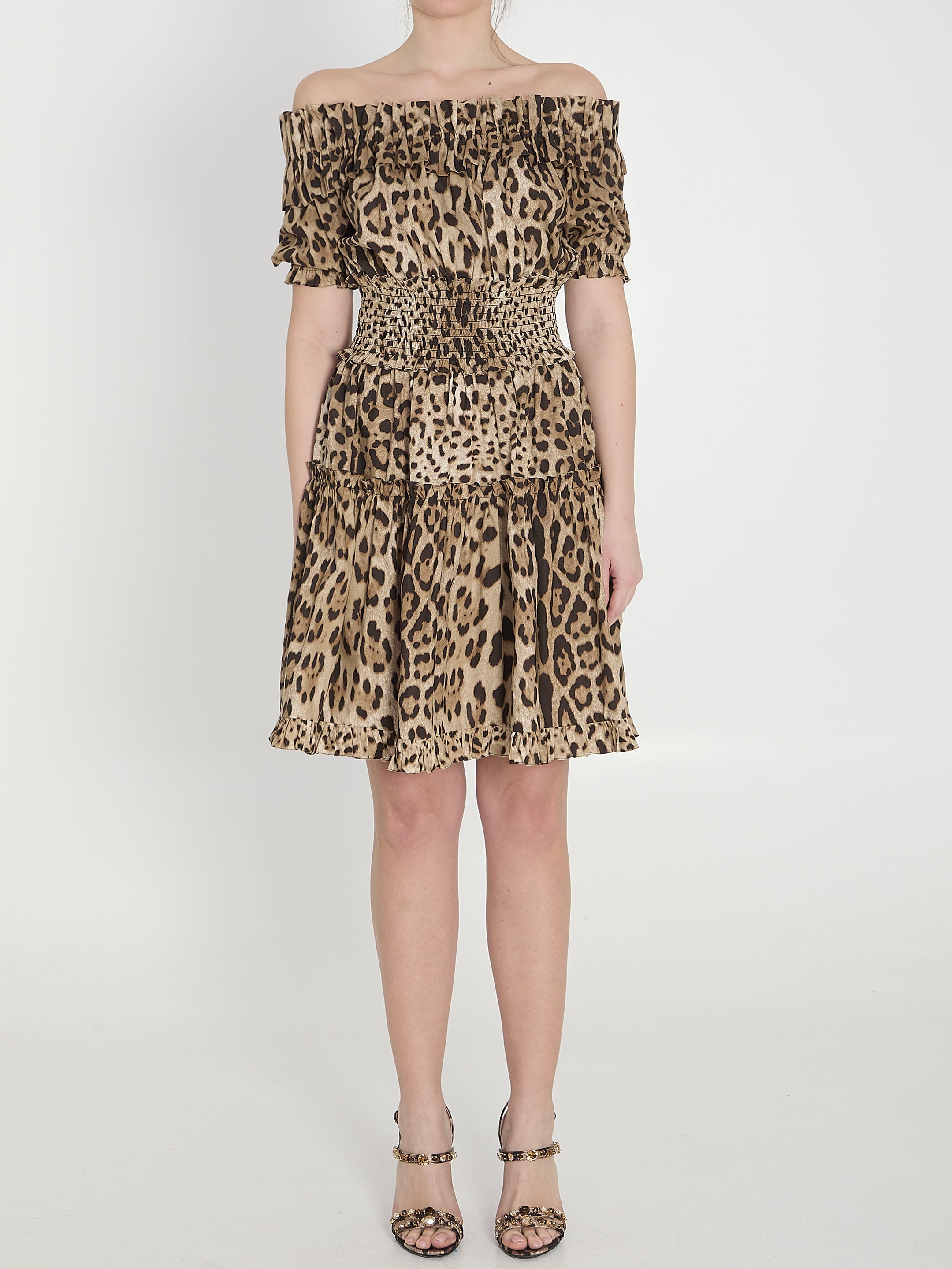Short leopard print poplin dress