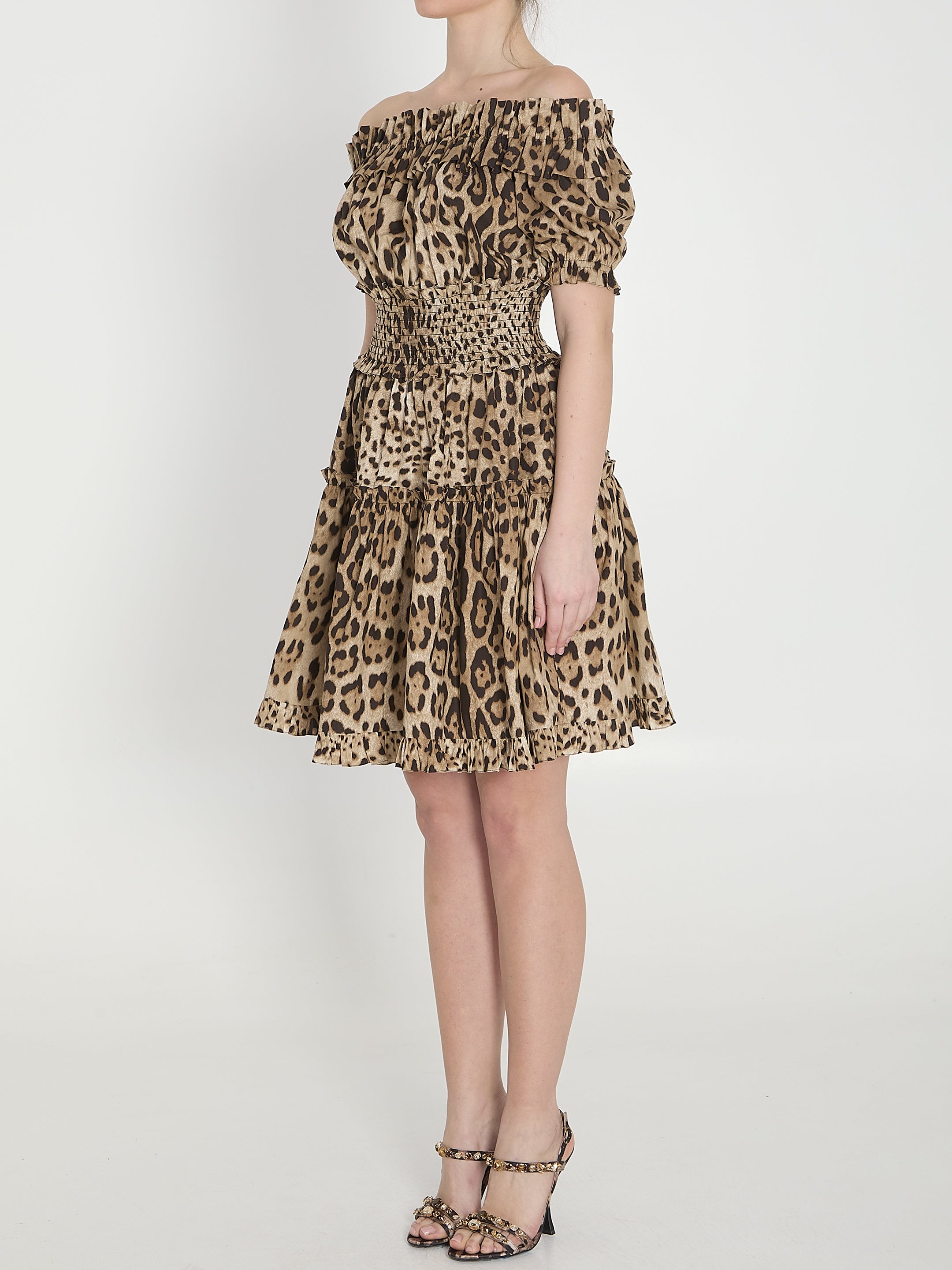 Short leopard print poplin dress