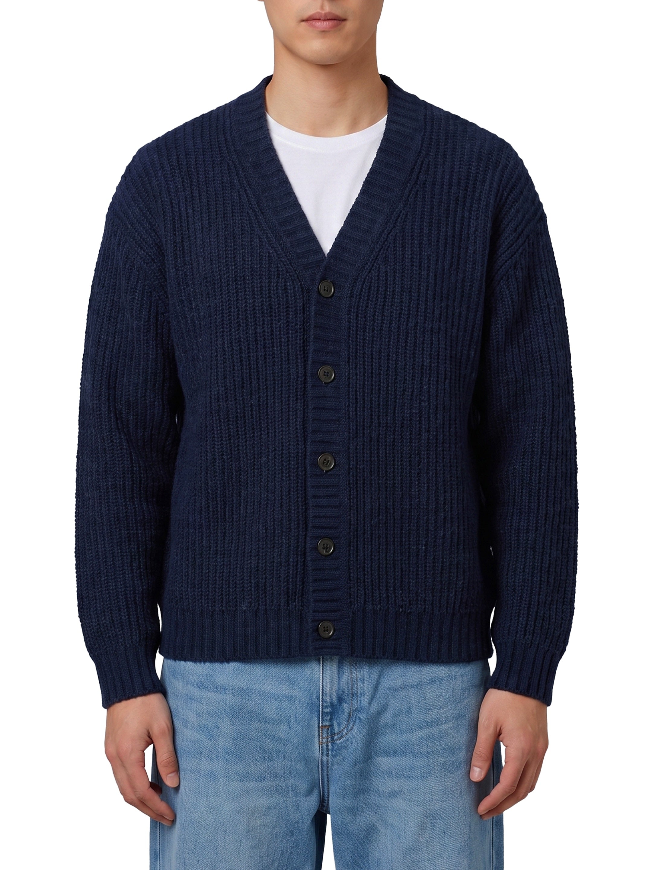 Navy blue wool cardigan over