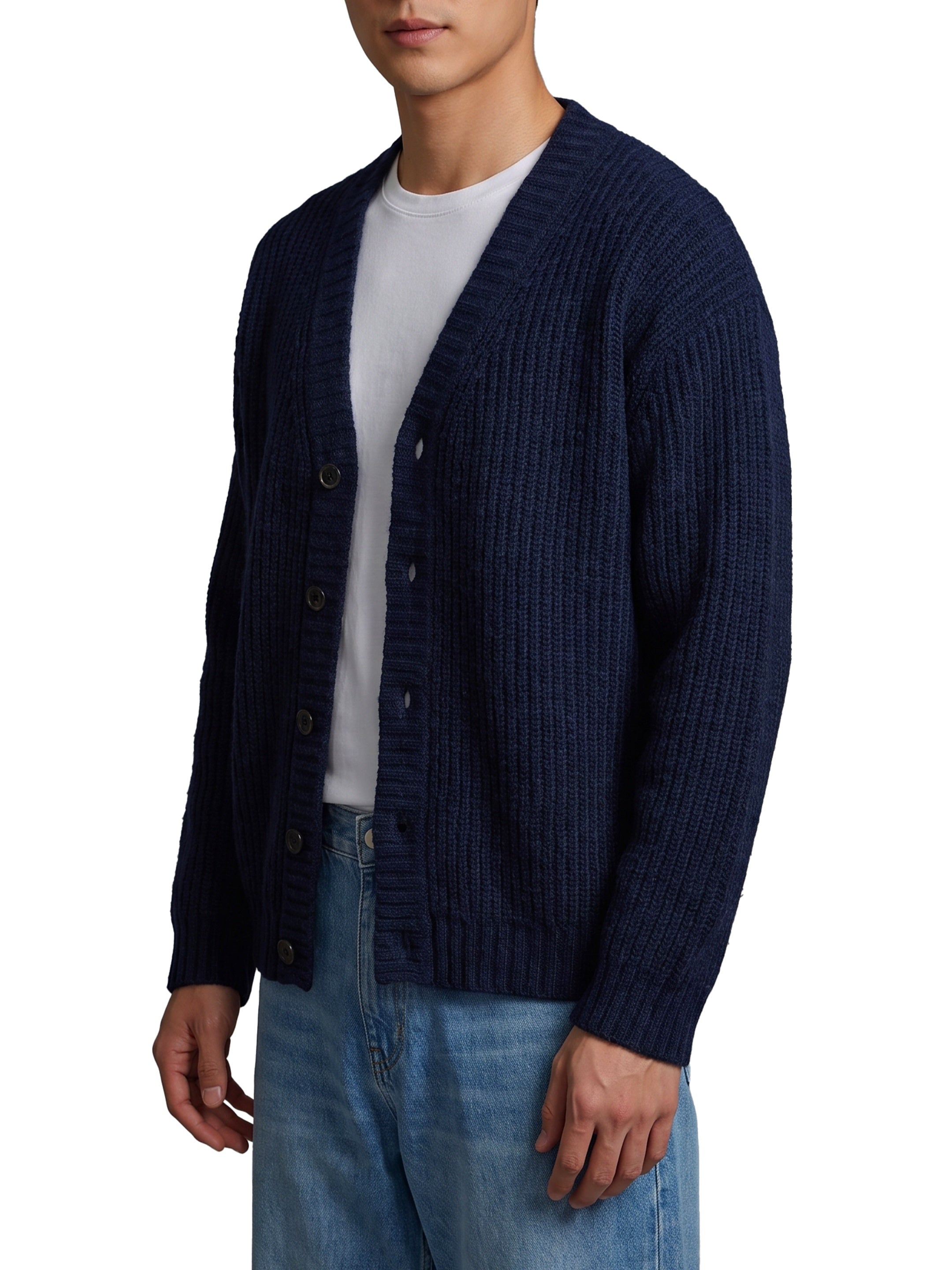 Navy blue wool cardigan over