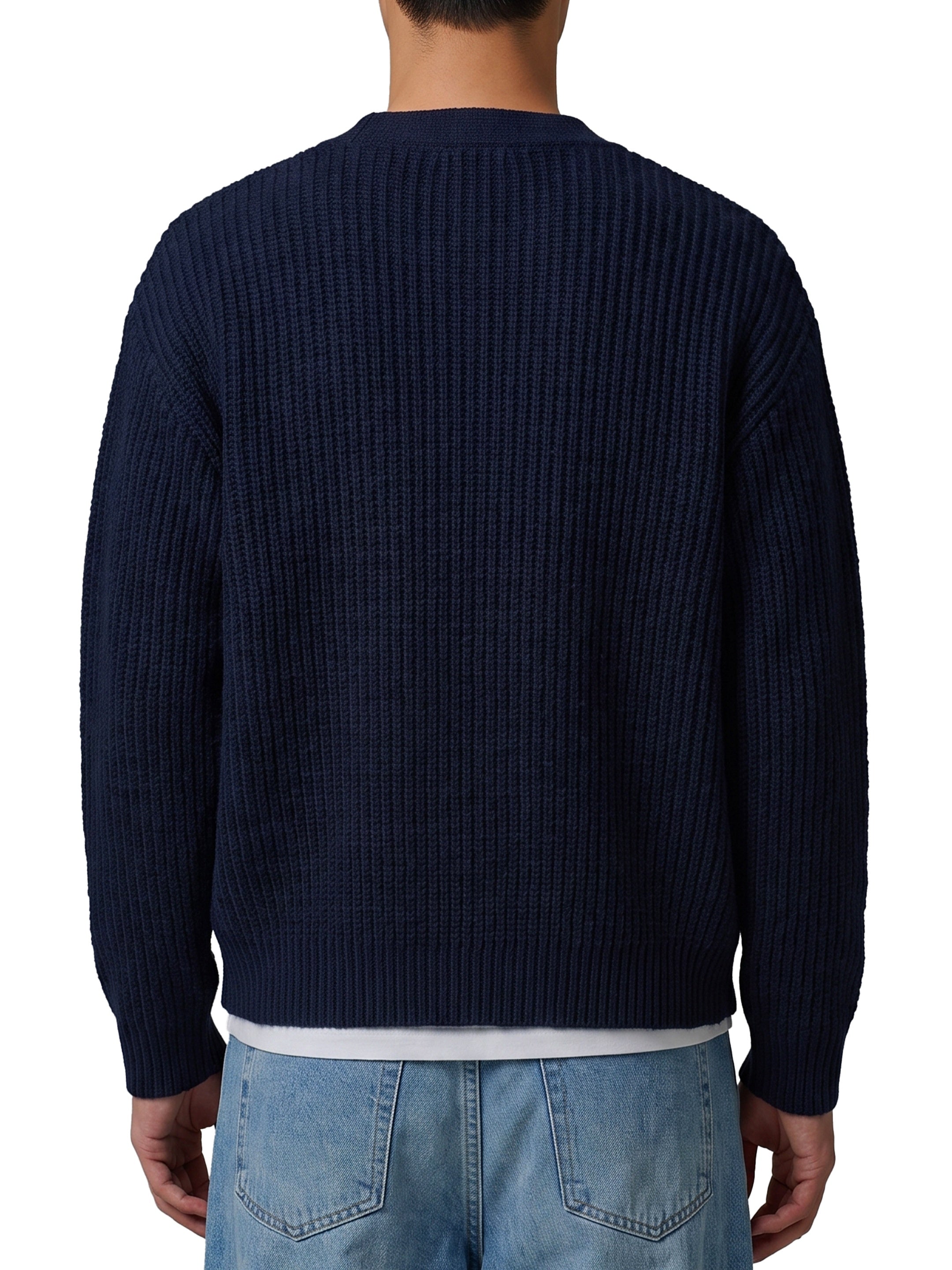 Navy blue wool cardigan over