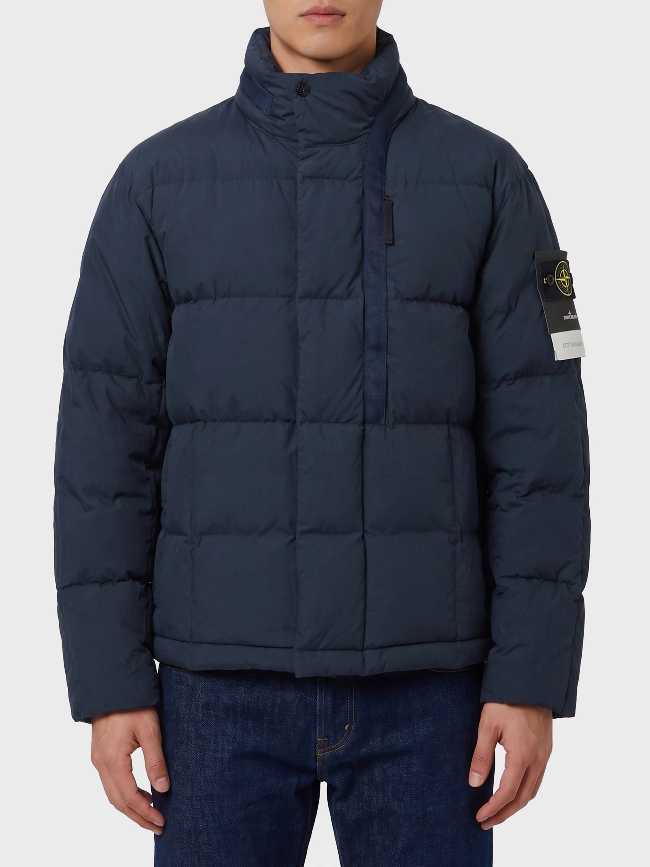 Navy cotton and nylon canvas down jacket