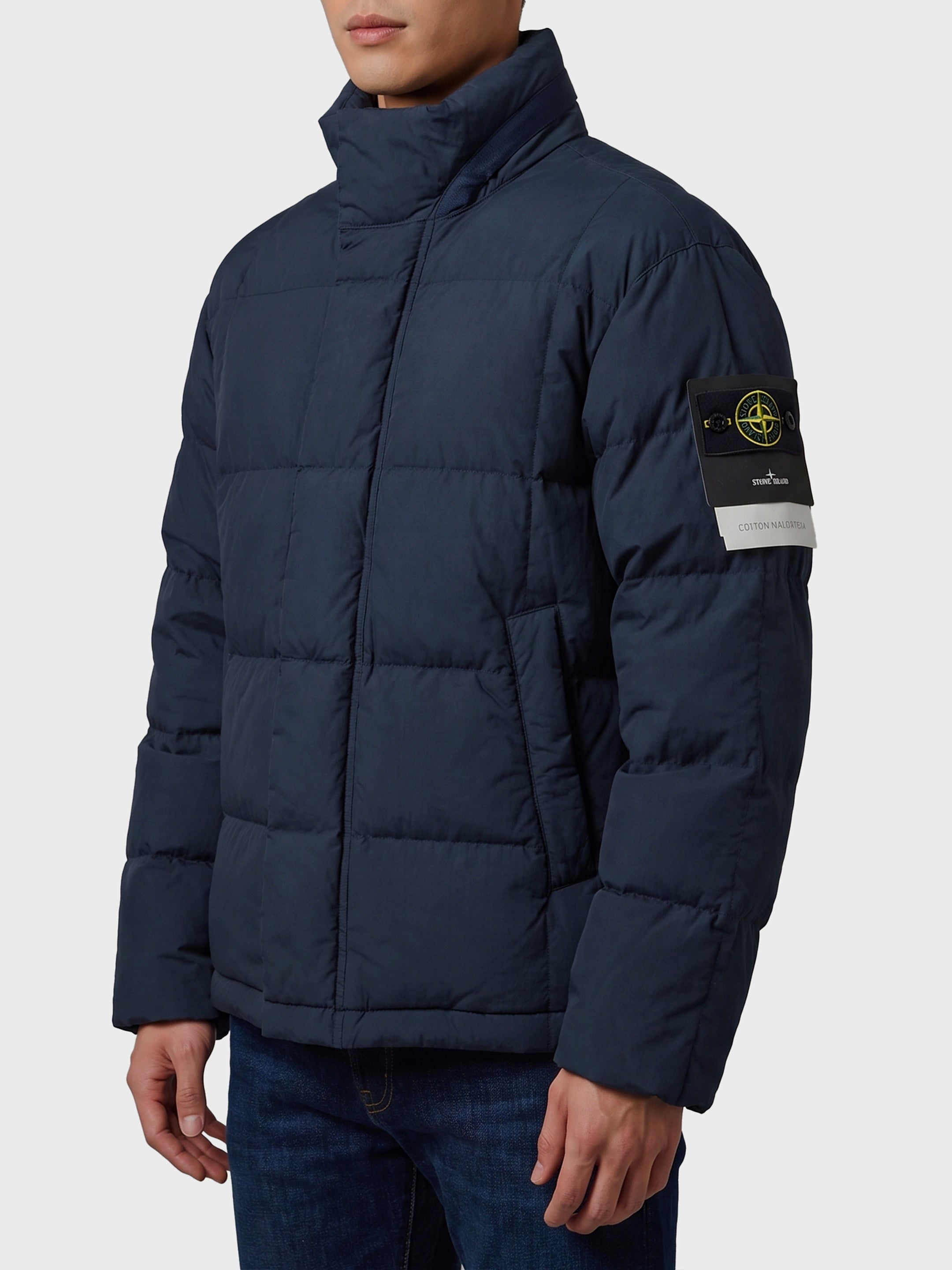 Navy cotton and nylon canvas down jacket