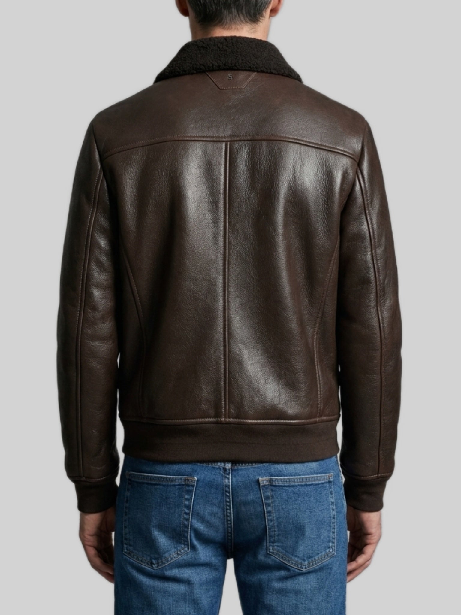 Dark brown leather shearling bomber jacket