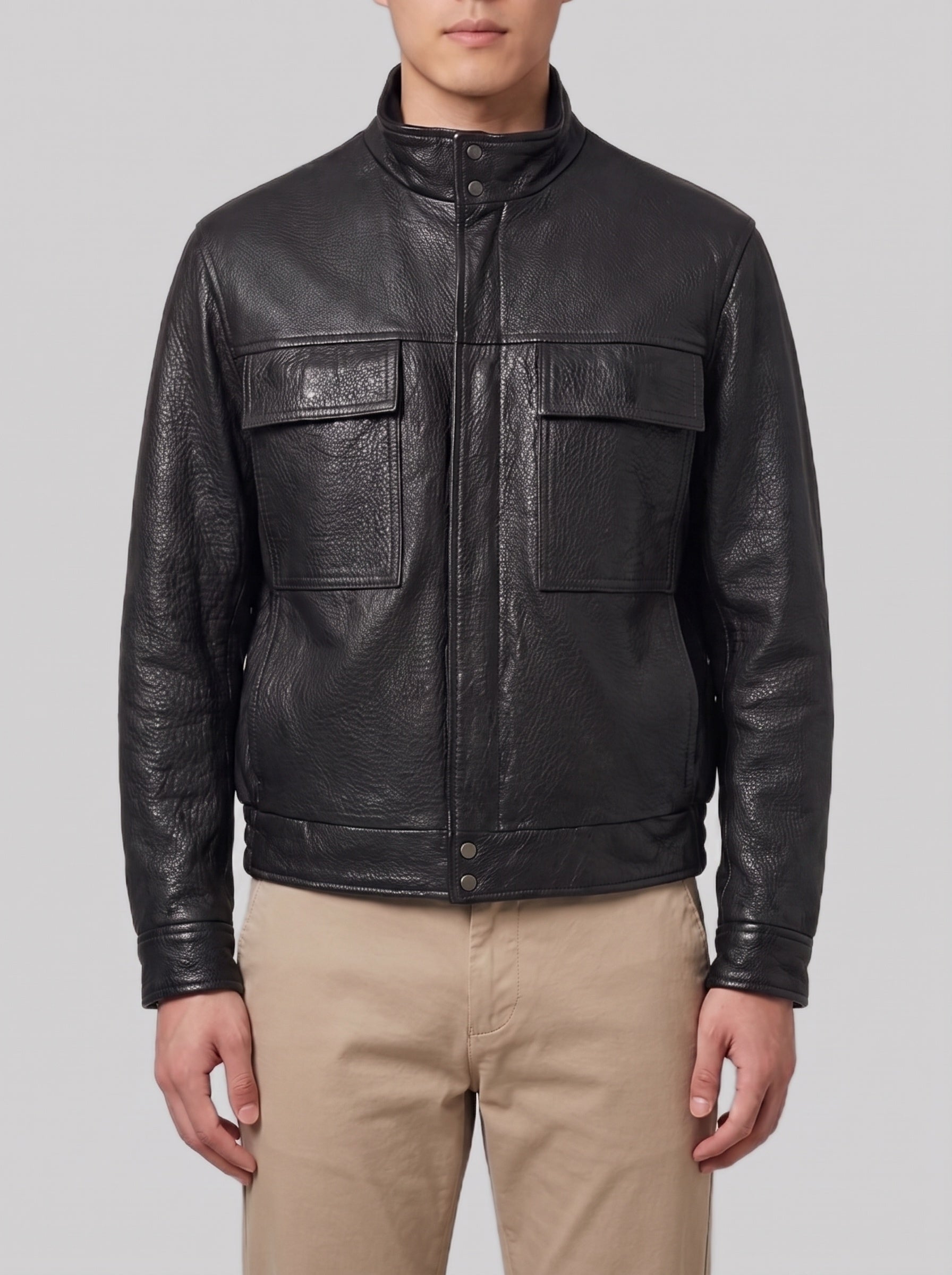 Black hammered leather bomber jacket