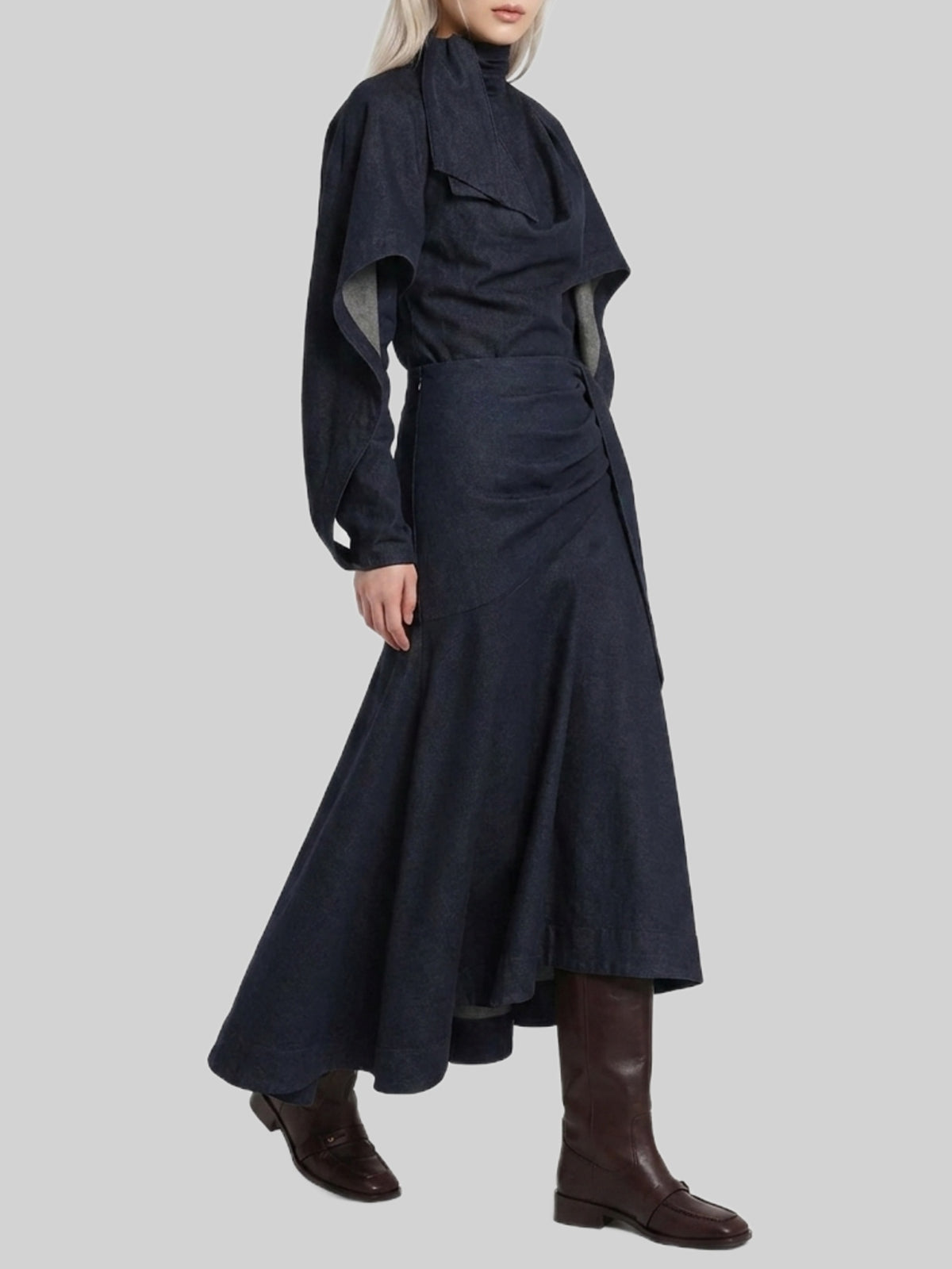 Maxi denim skirt with draping