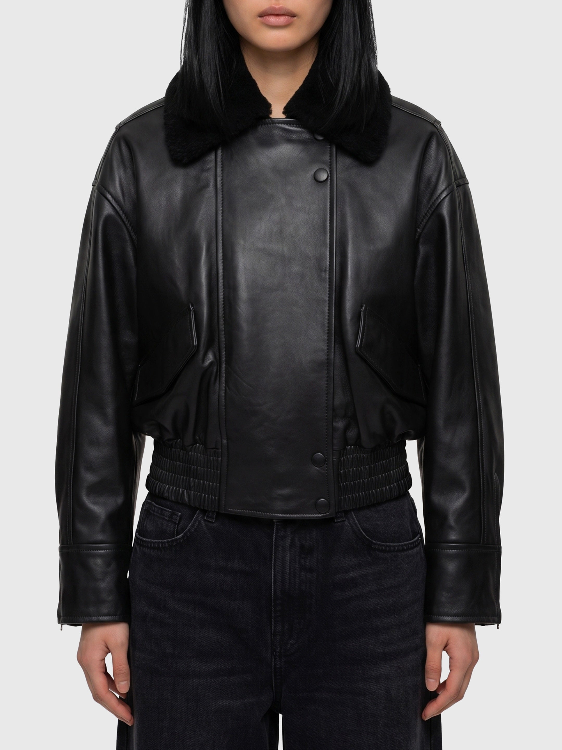 Black leather IOLaila Lane bomber jacket