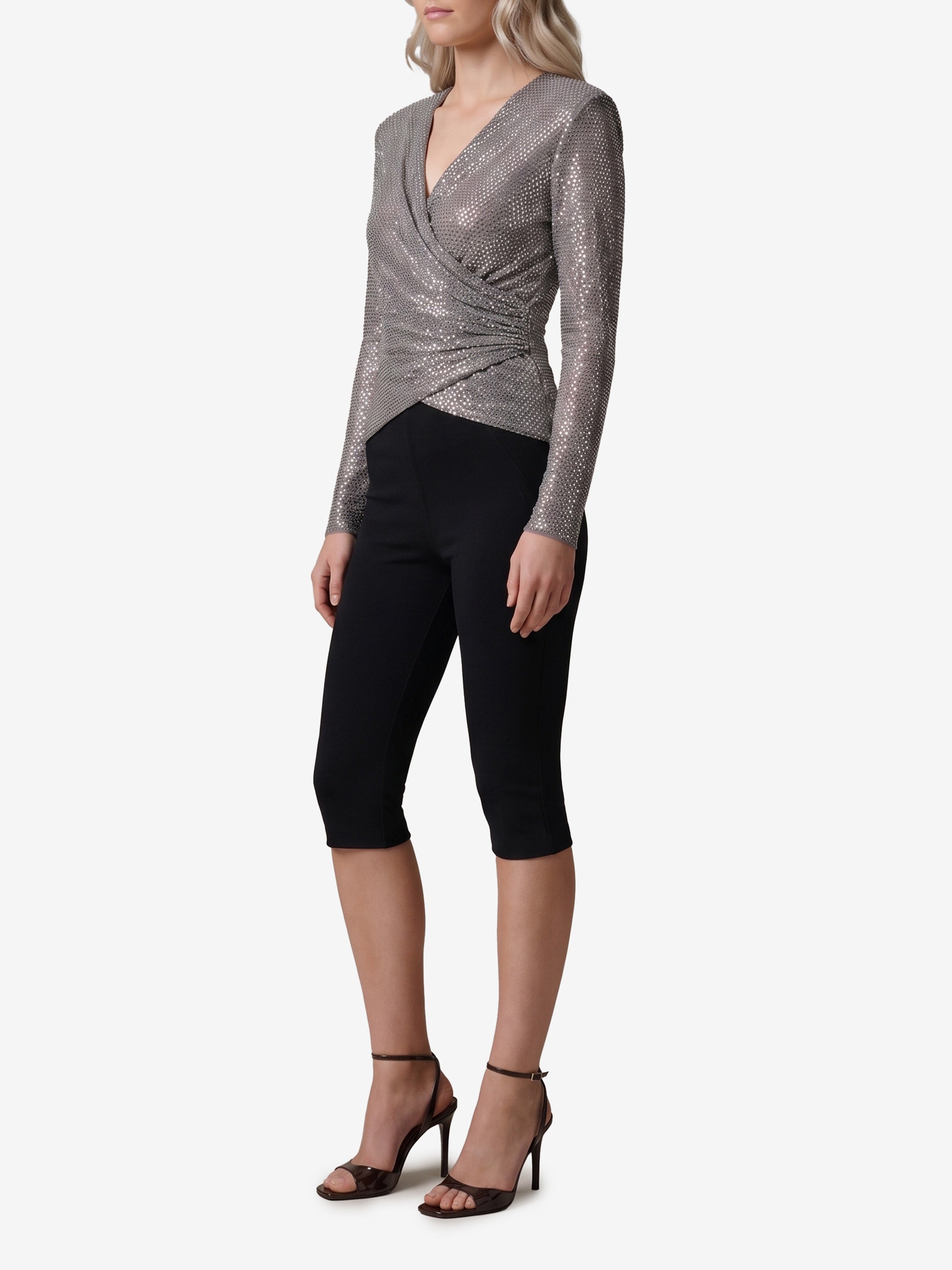 Grey rhinestone mesh wrap top