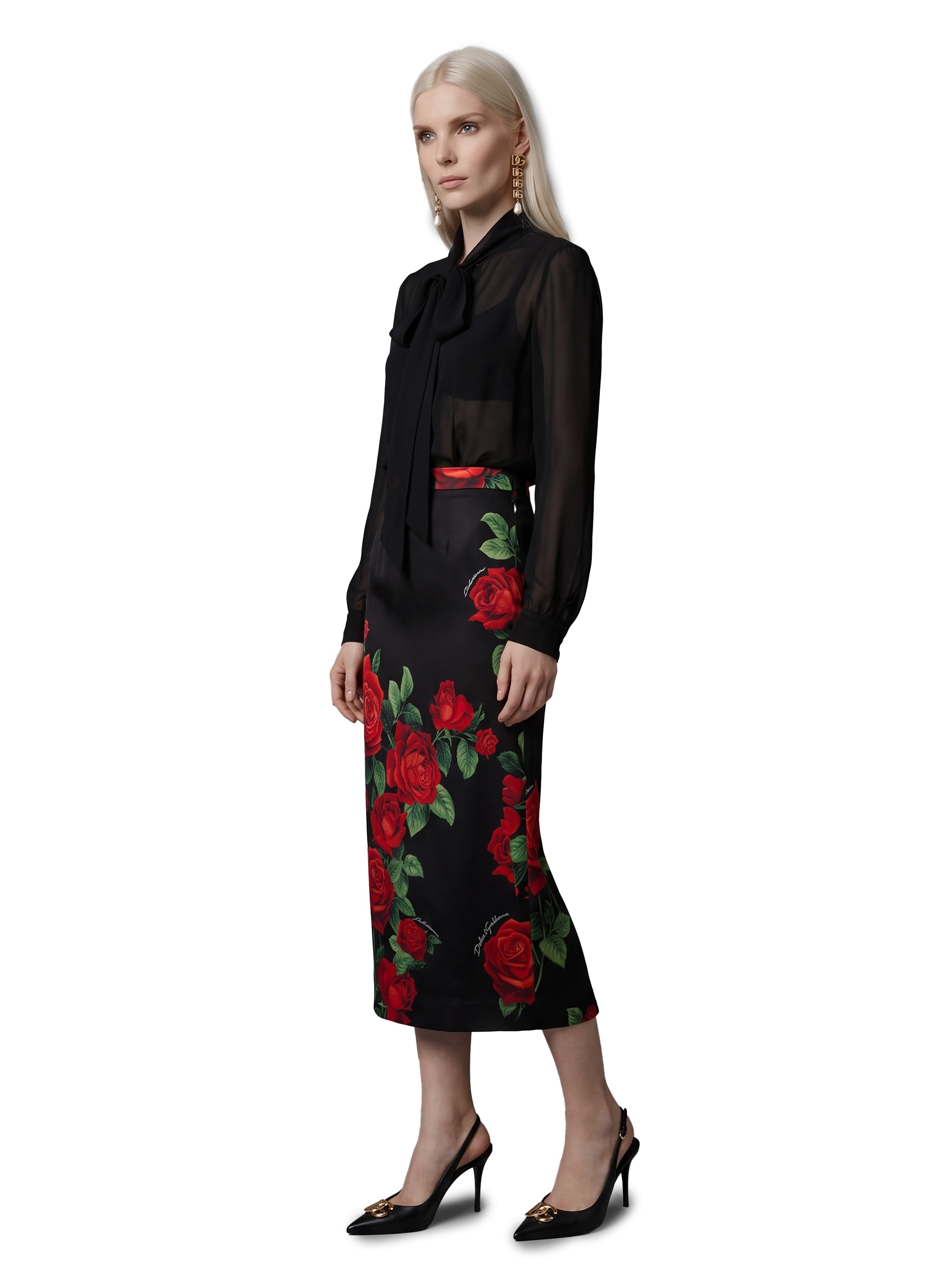 Red Rose print midi skirt