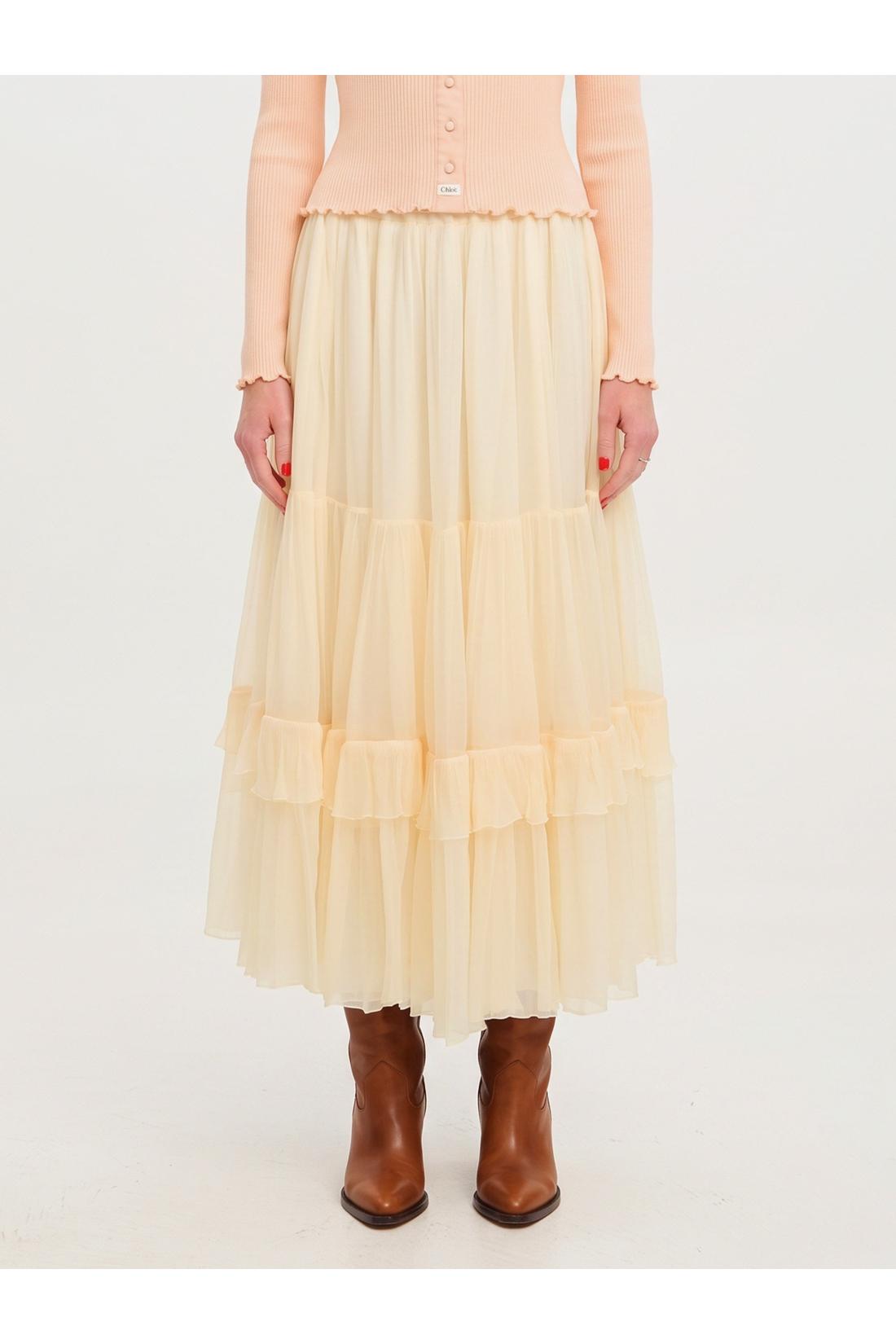 Long skirt with silk muslin ruffle